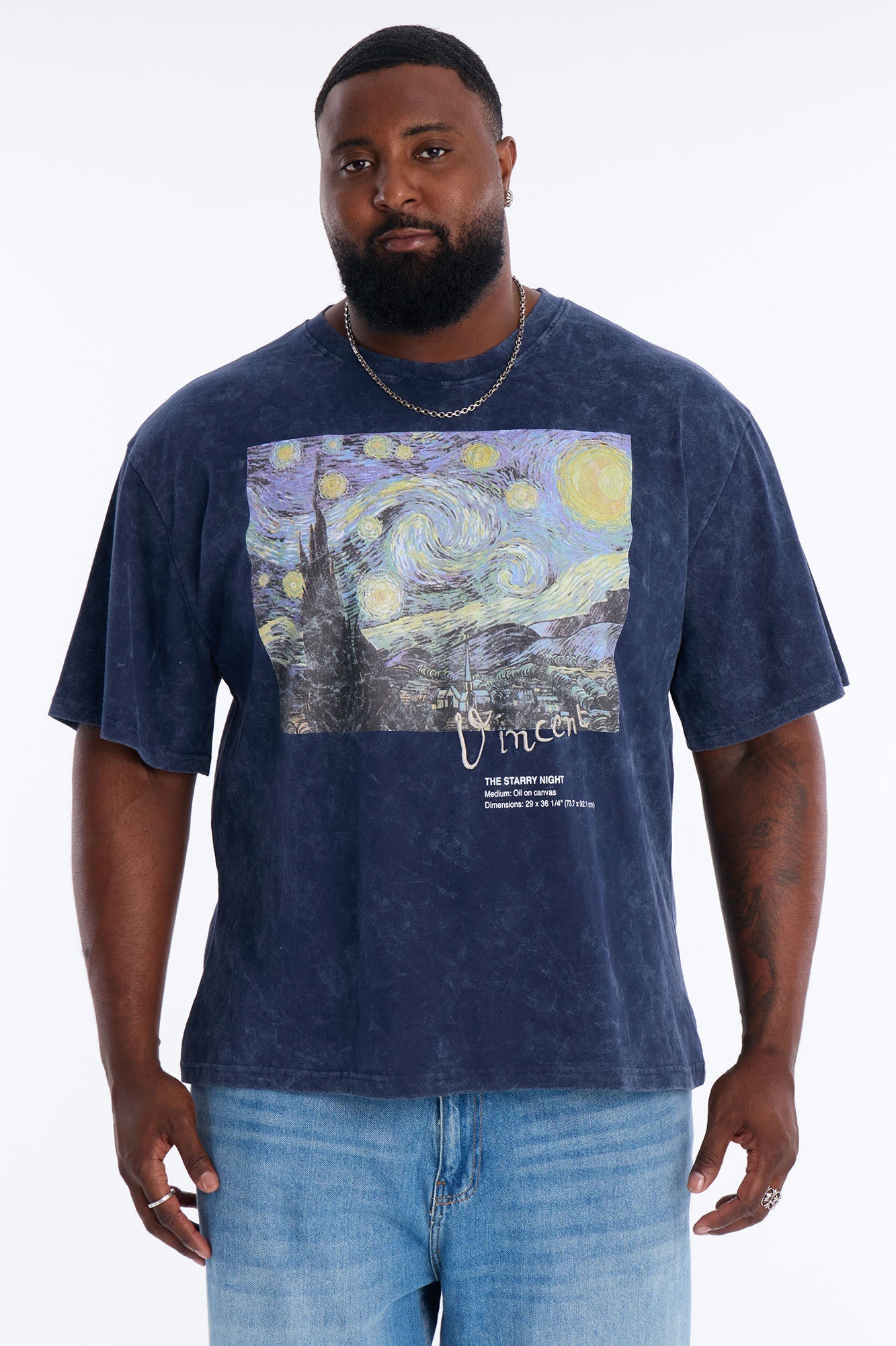 Vincent Van Gogh Starry Night Embroidered Mineral Wash Fleece Tee - Navy