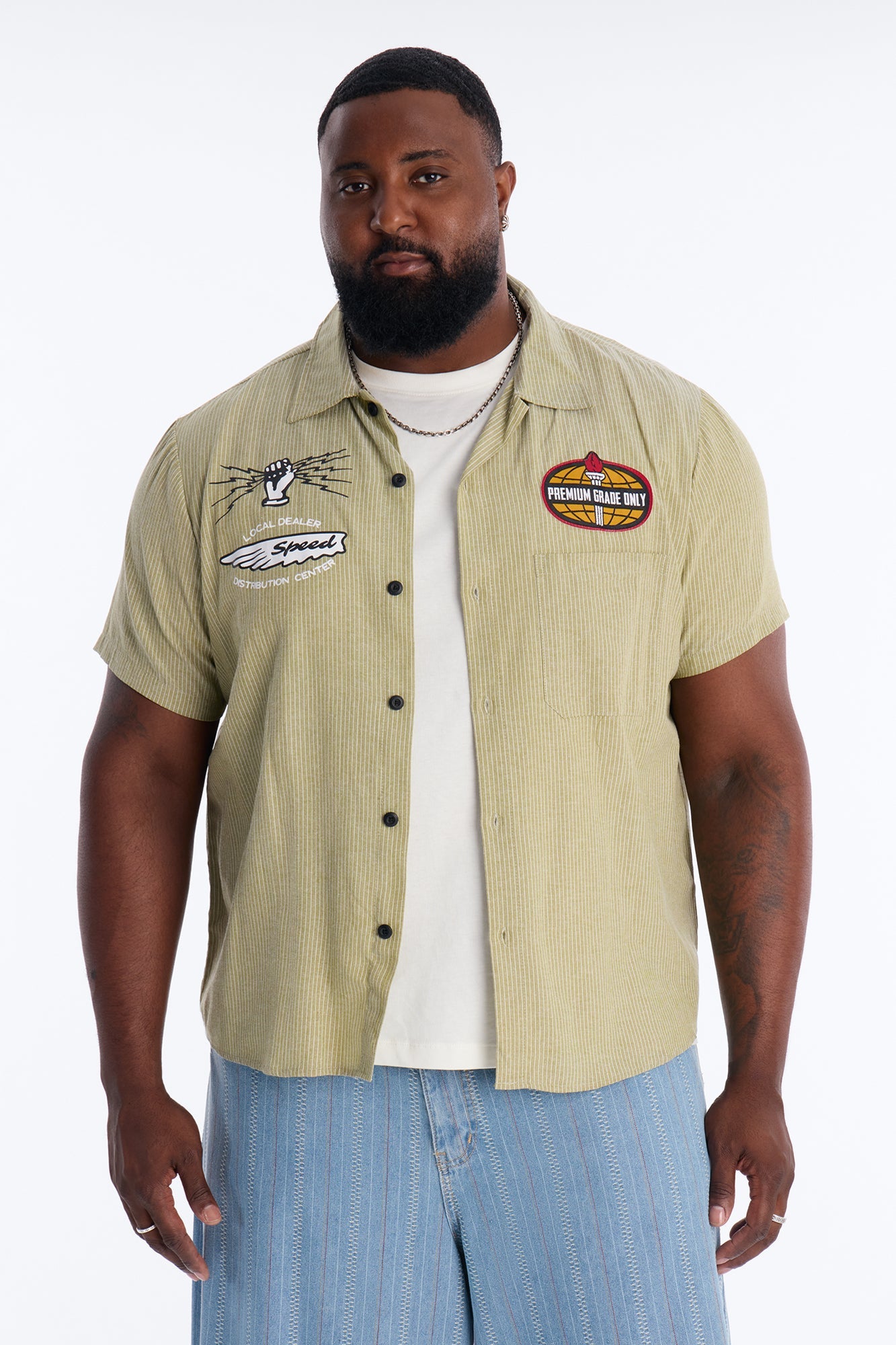 Cropped Overdrive Mode Striped Button Up Shirt - Sage