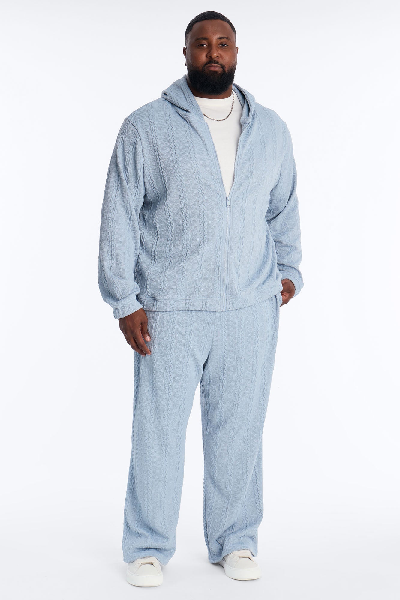 Textured Cozy Braided Hooded Jacket - Blue