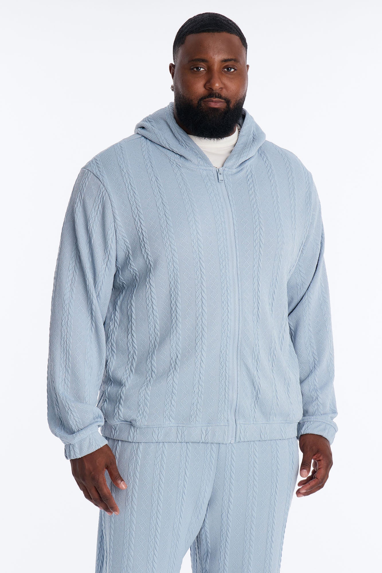 Textured Cozy Braided Hooded Jacket - Blue