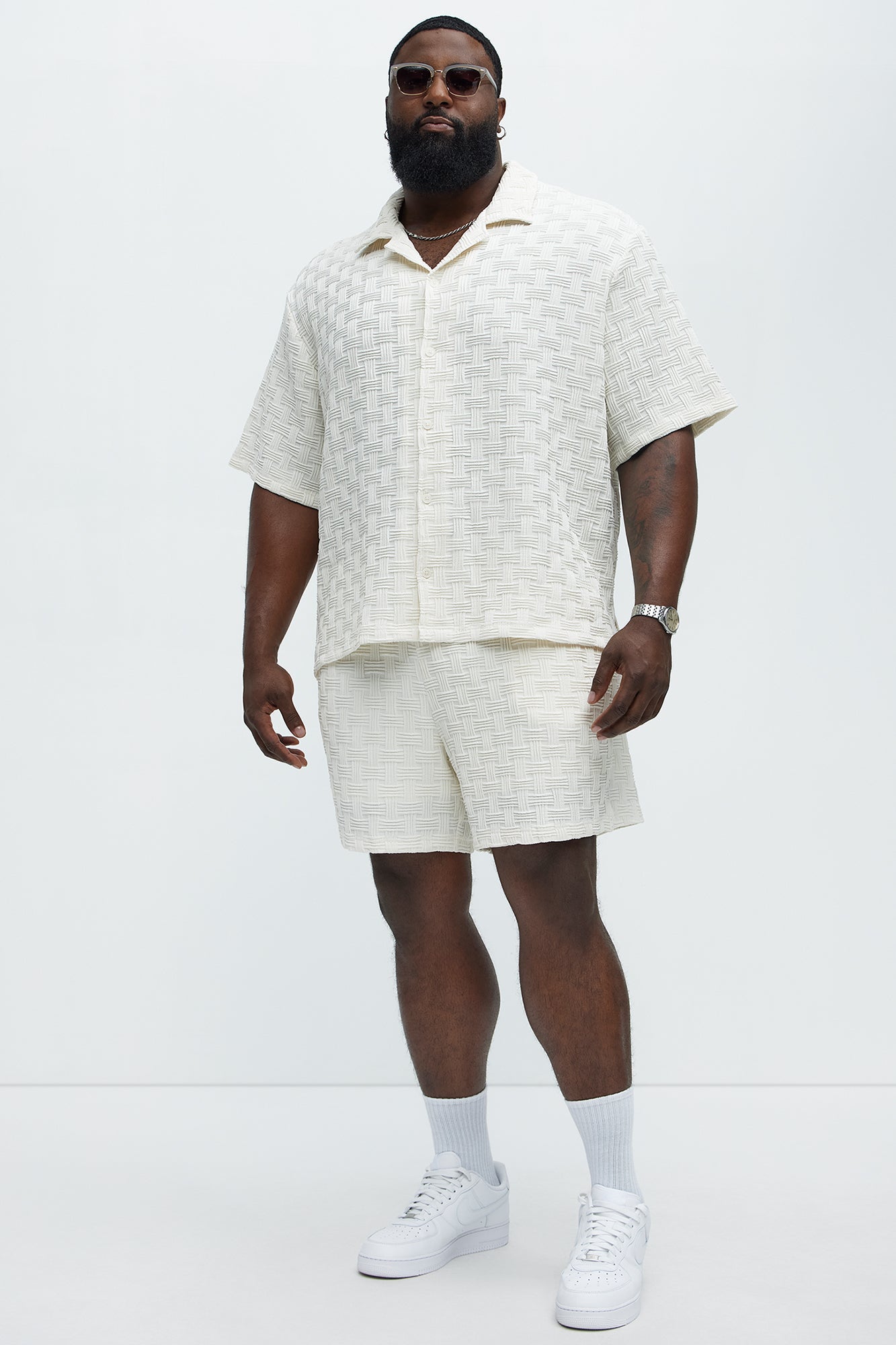 Criss Cross Textured Cuban Collar Shirt - Cream