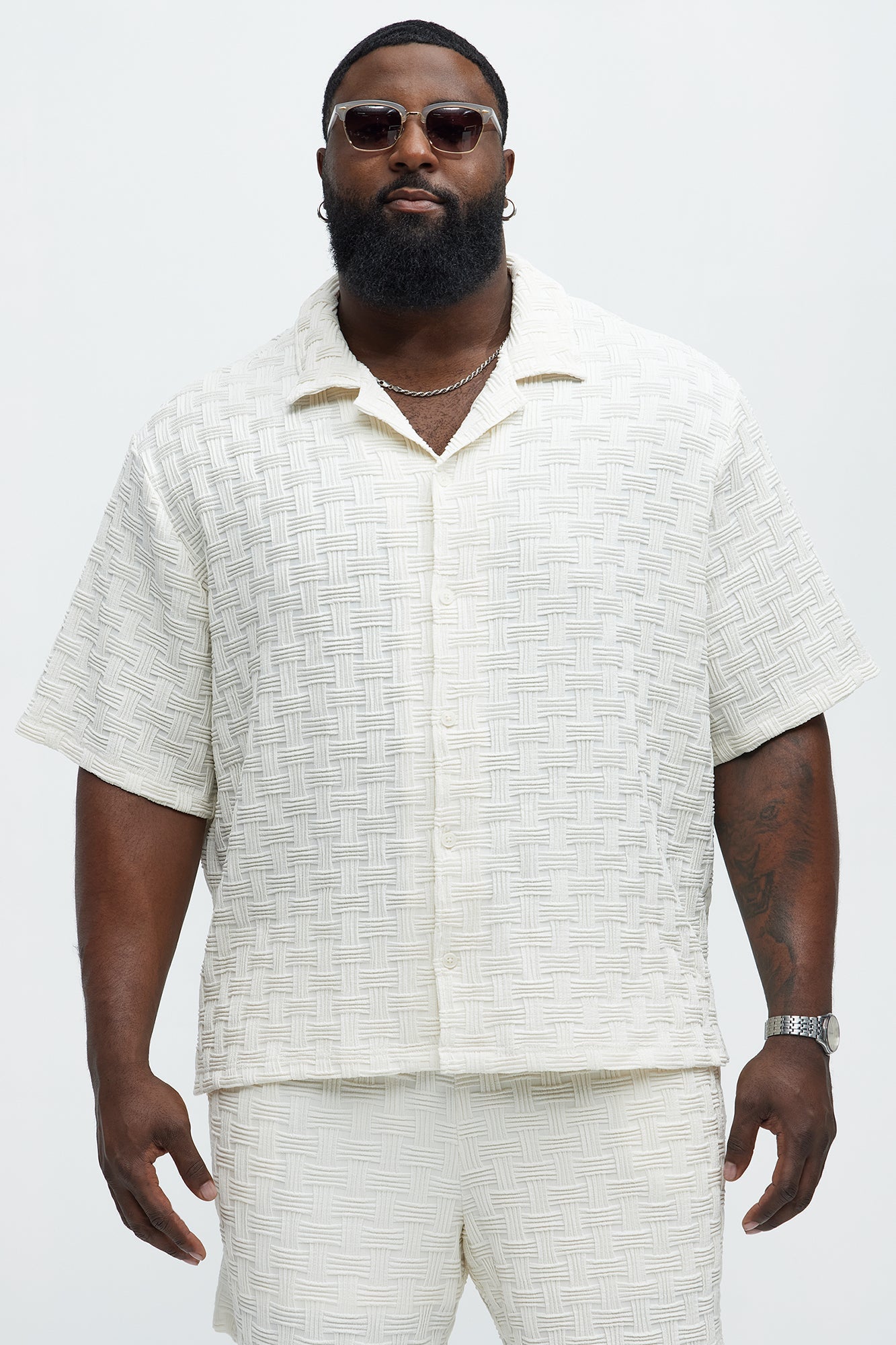 Criss Cross Textured Cuban Collar Shirt - Cream
