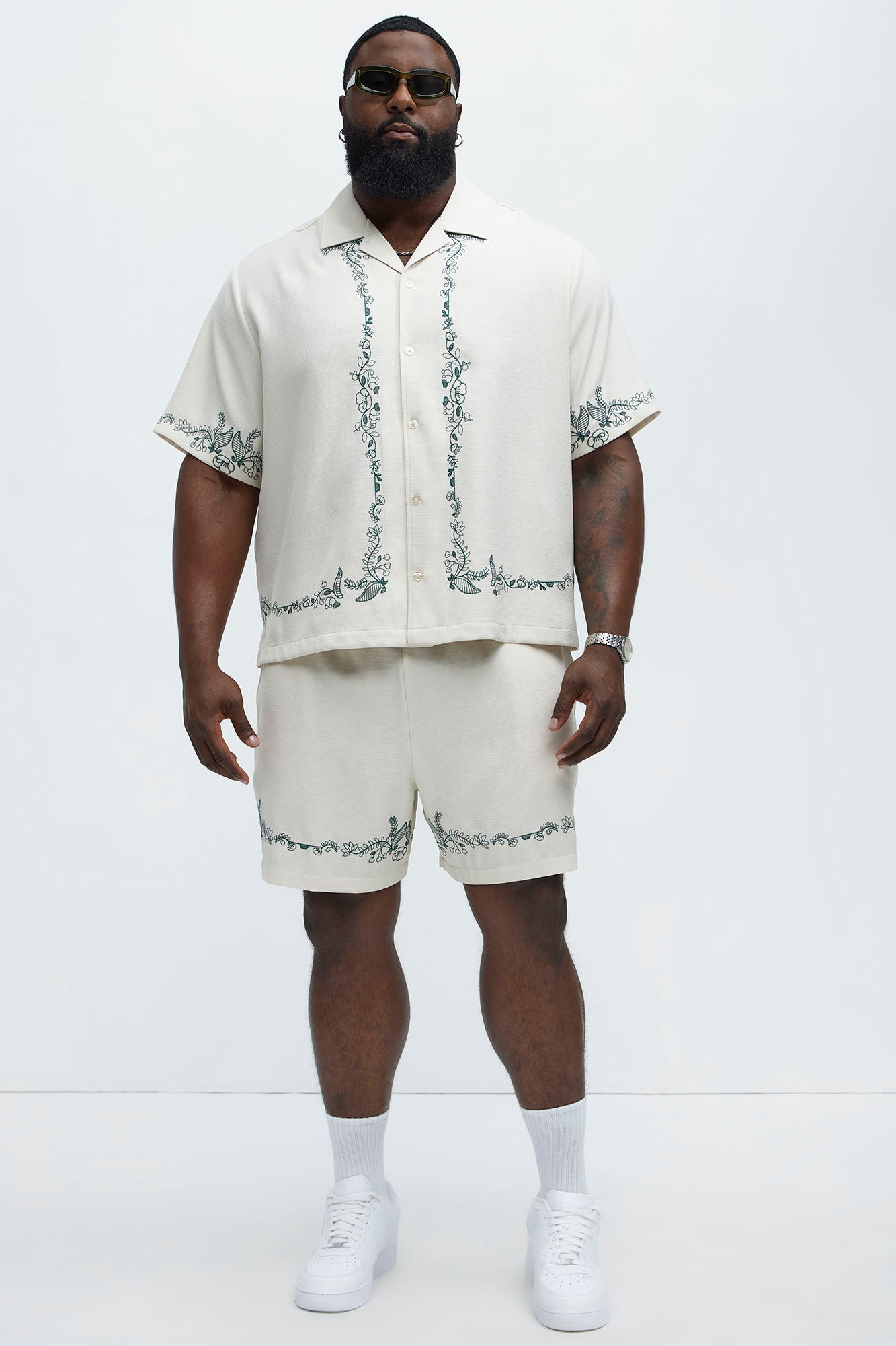Vine Border Embroidery Cuban Shirt - Cream