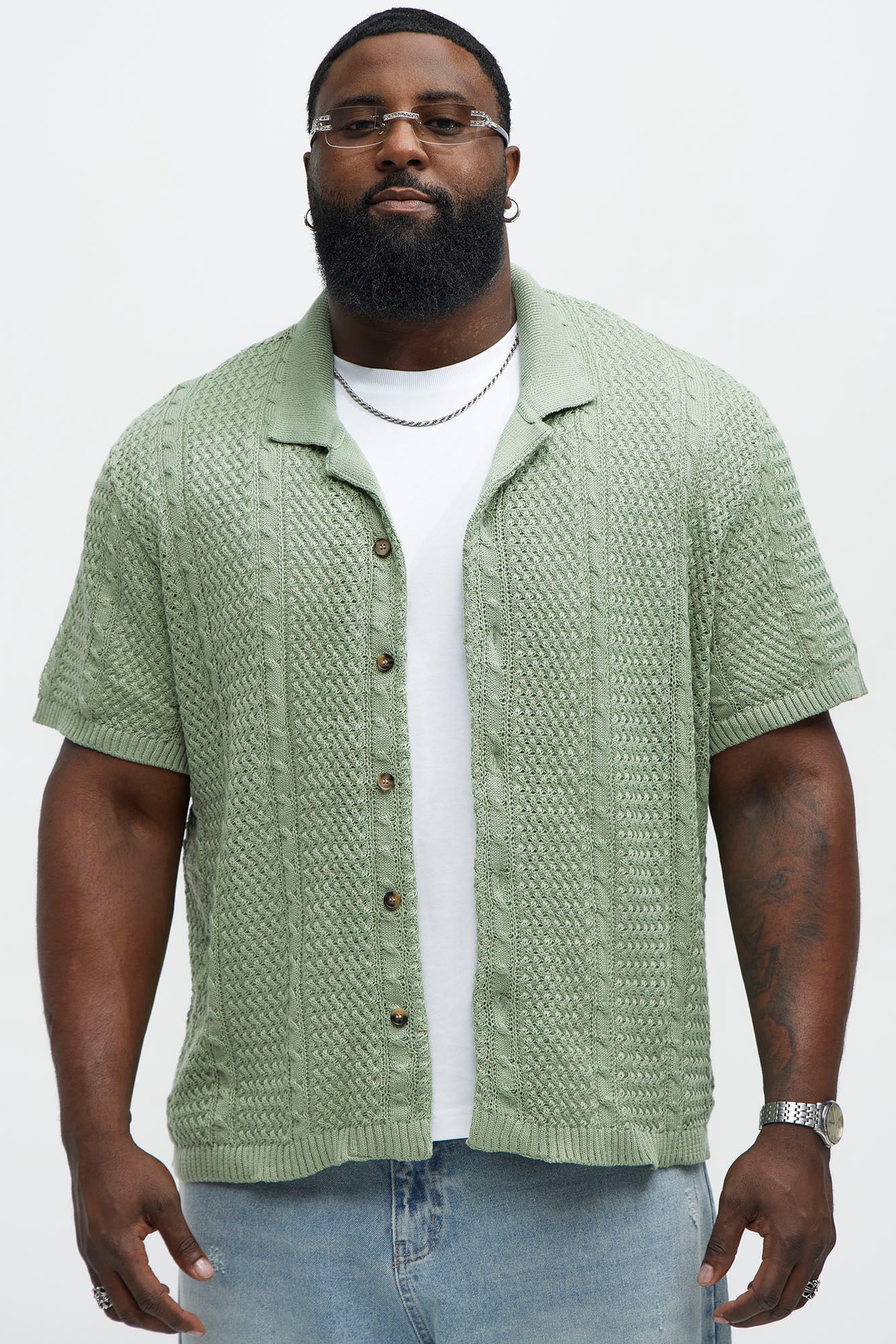 Unwind Cable Knit Short Sleeve Button Up - Sage