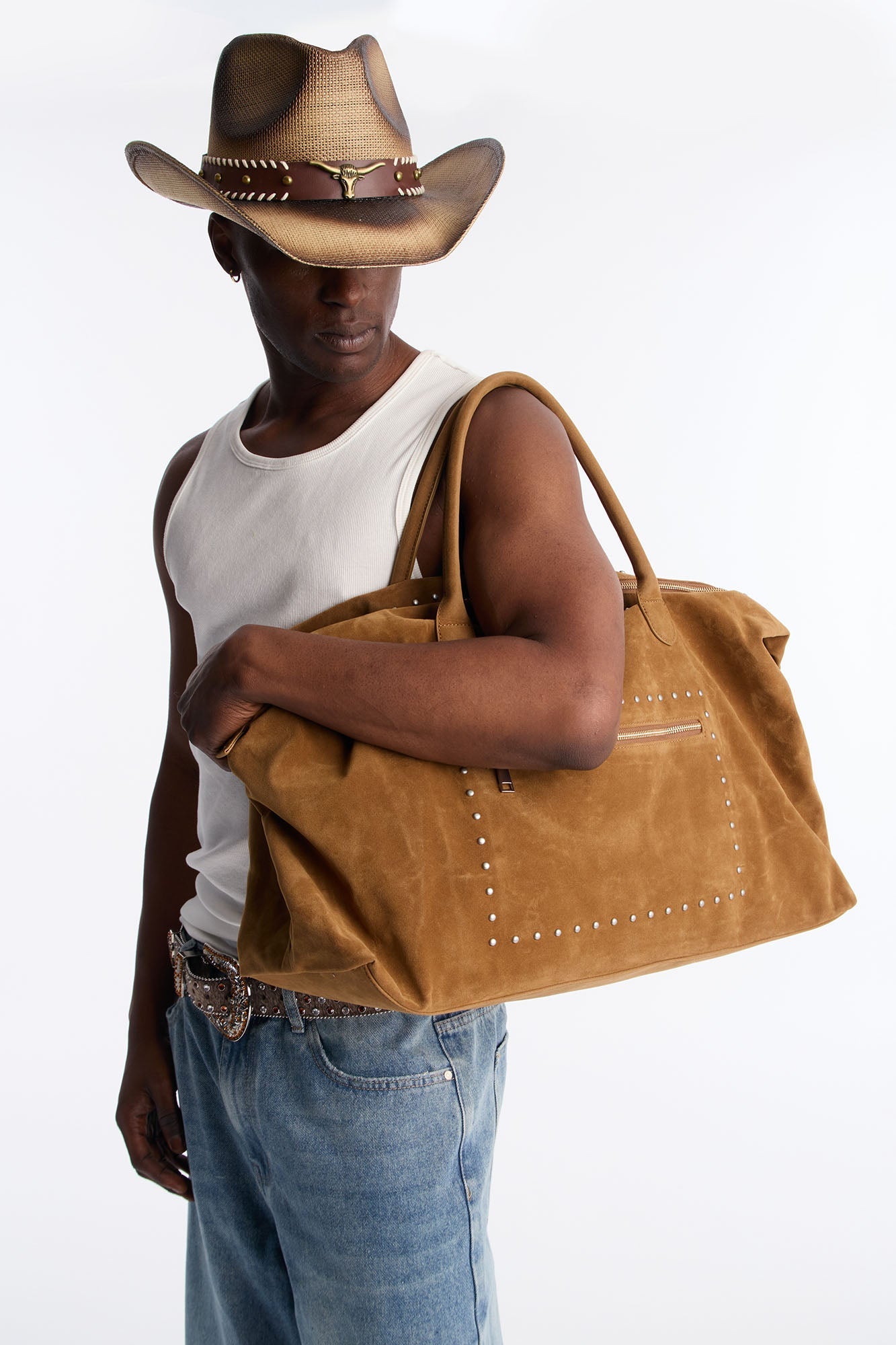 Faux Suede Studded Weekender Bag - Camel