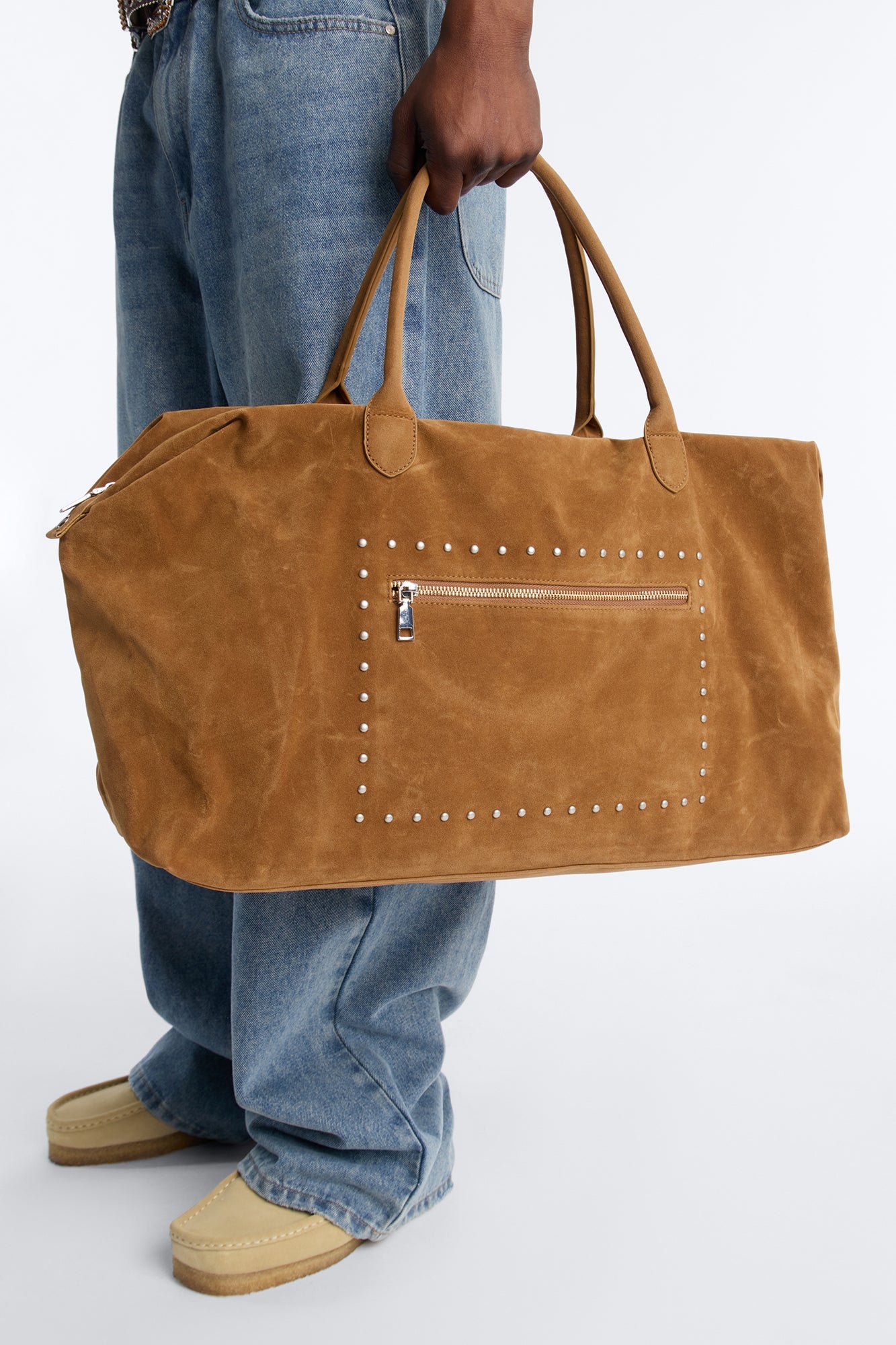 Faux Suede Studded Weekender Bag - Camel