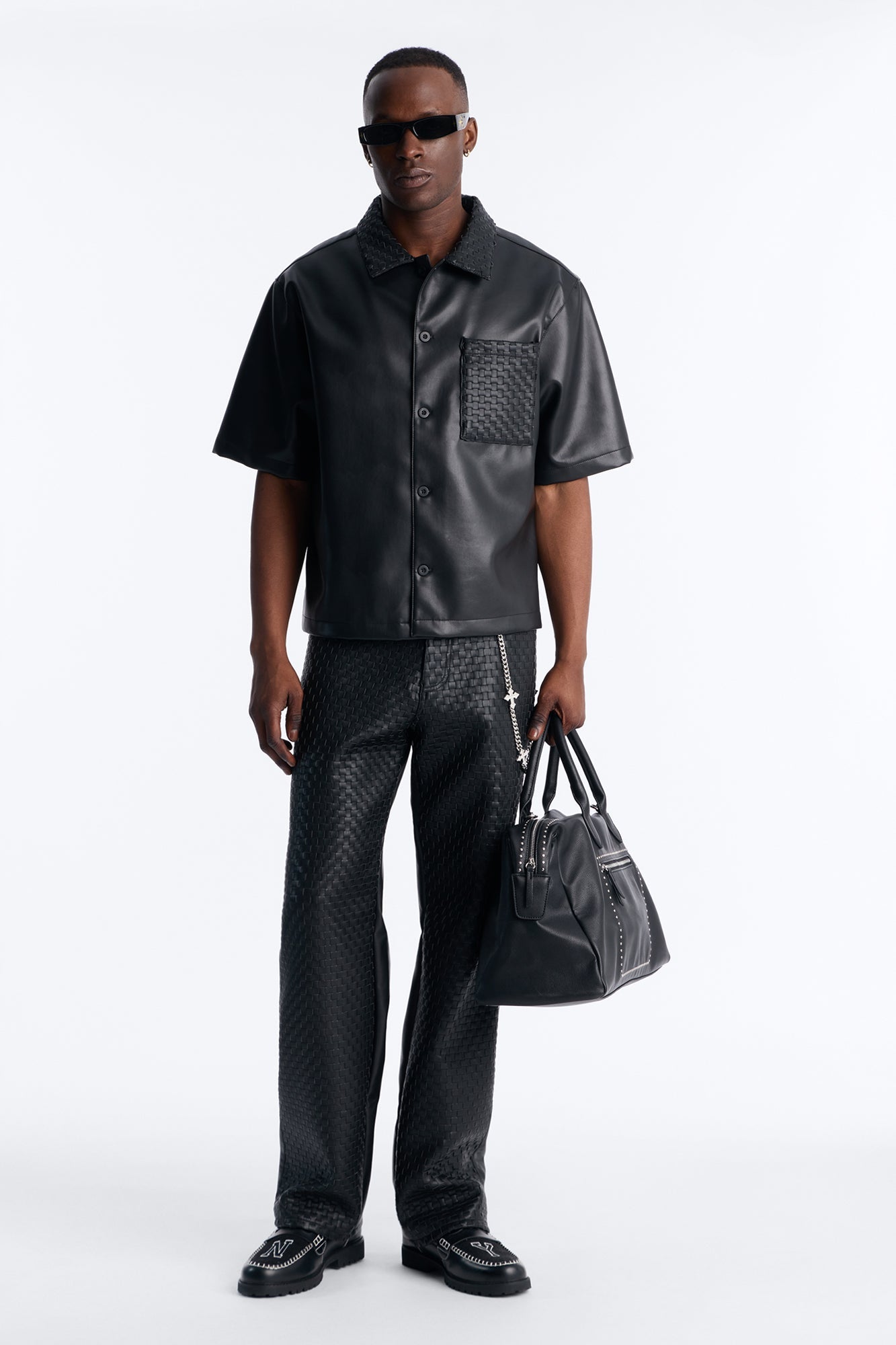 Textured Faux Leather Mid Size Weekender Duffle Bag - Black