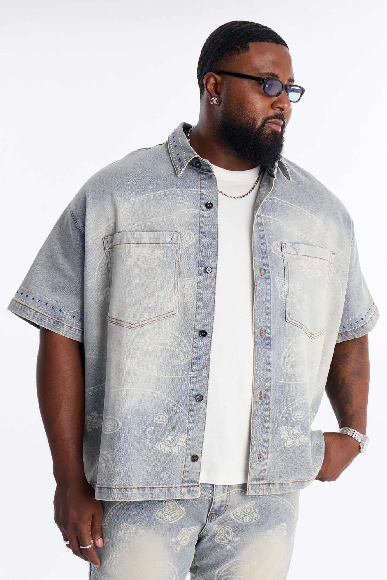 Rhinestone Bandana Boxy Denim Button Up Shirt - Light Blue Wash
