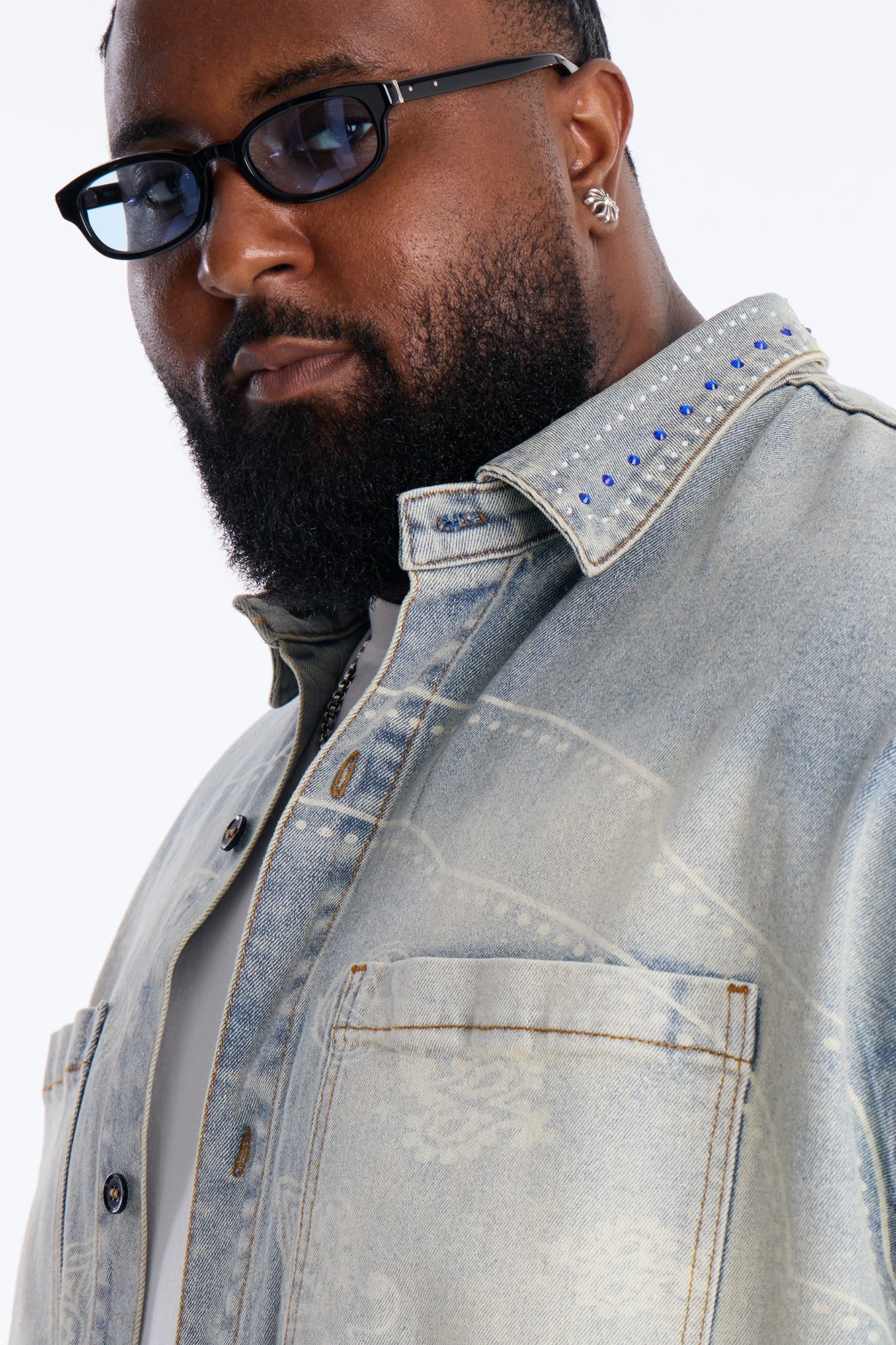 Rhinestone Bandana Boxy Denim Button Up Shirt - Light Blue Wash