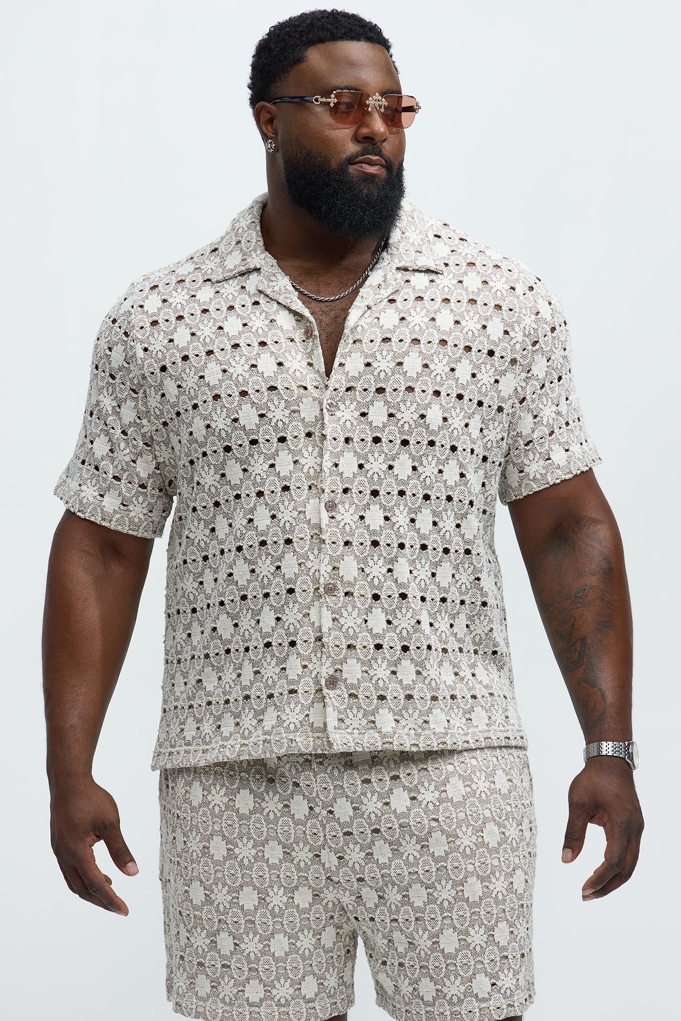 Patterned Open Knit Button Down Shirt - Cream/combo