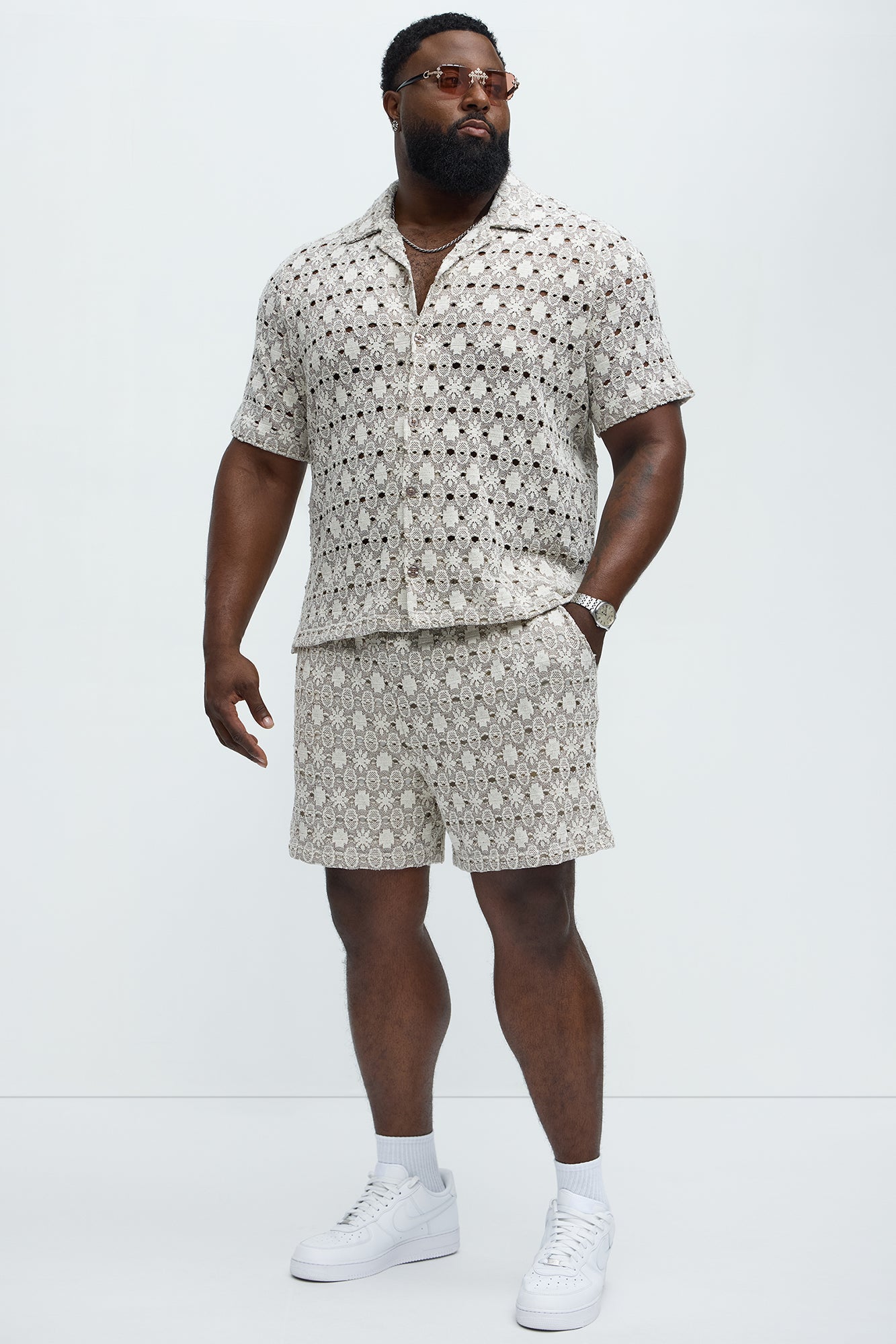 Patterned Open Knit Shorts - Cream/combo