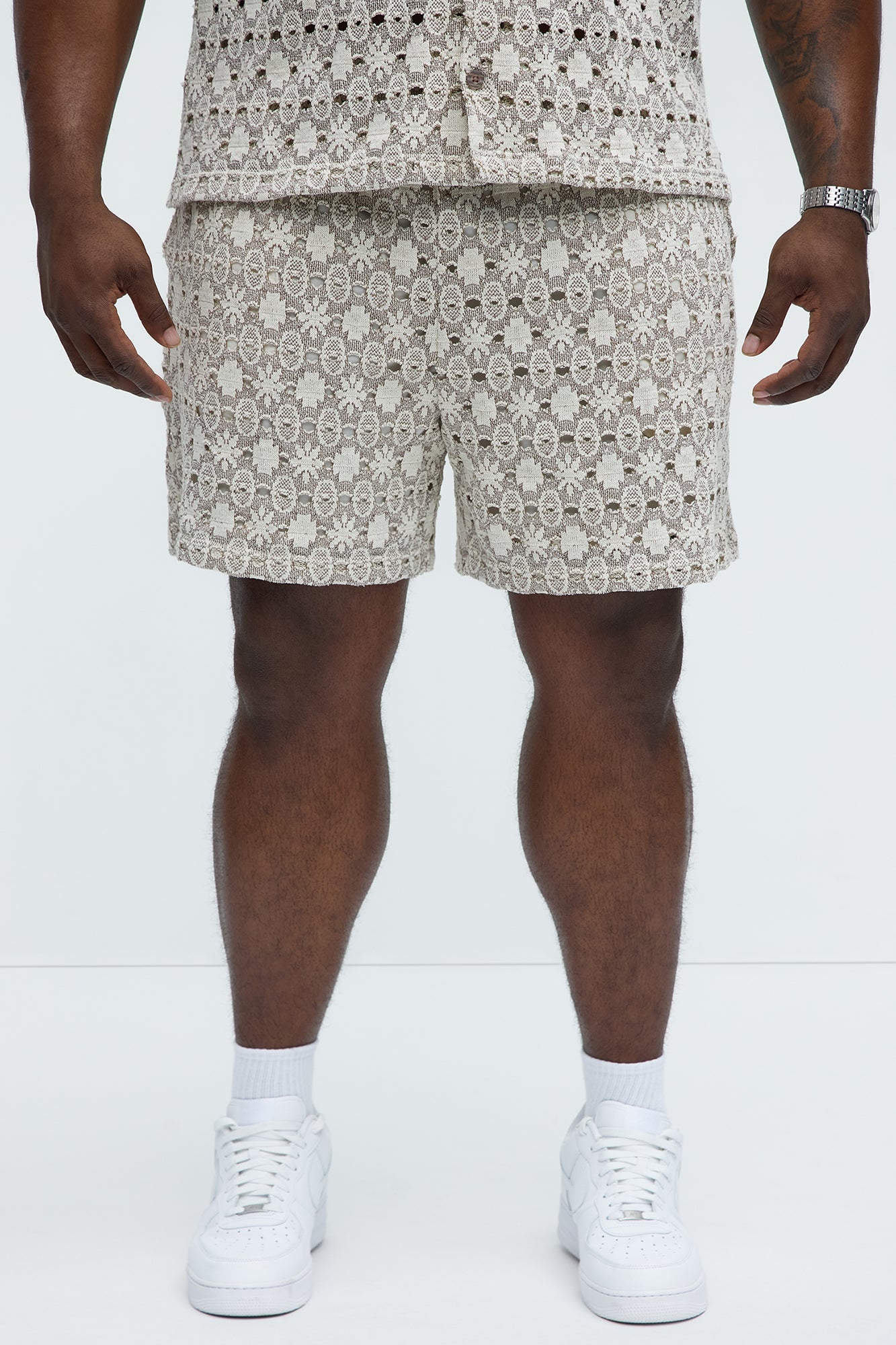 Patterned Open Knit Shorts - Cream/combo