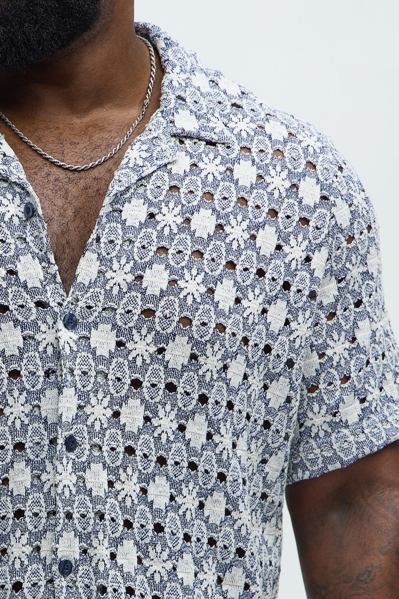 Patterned Open Knit Button Down Shirt - Blue/combo