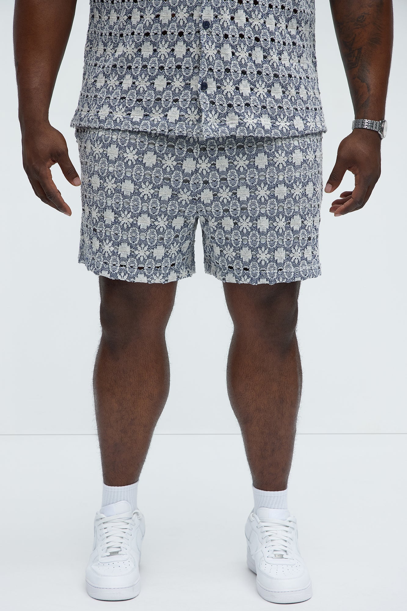 Patterned Open Knit Shorts - Blue/combo