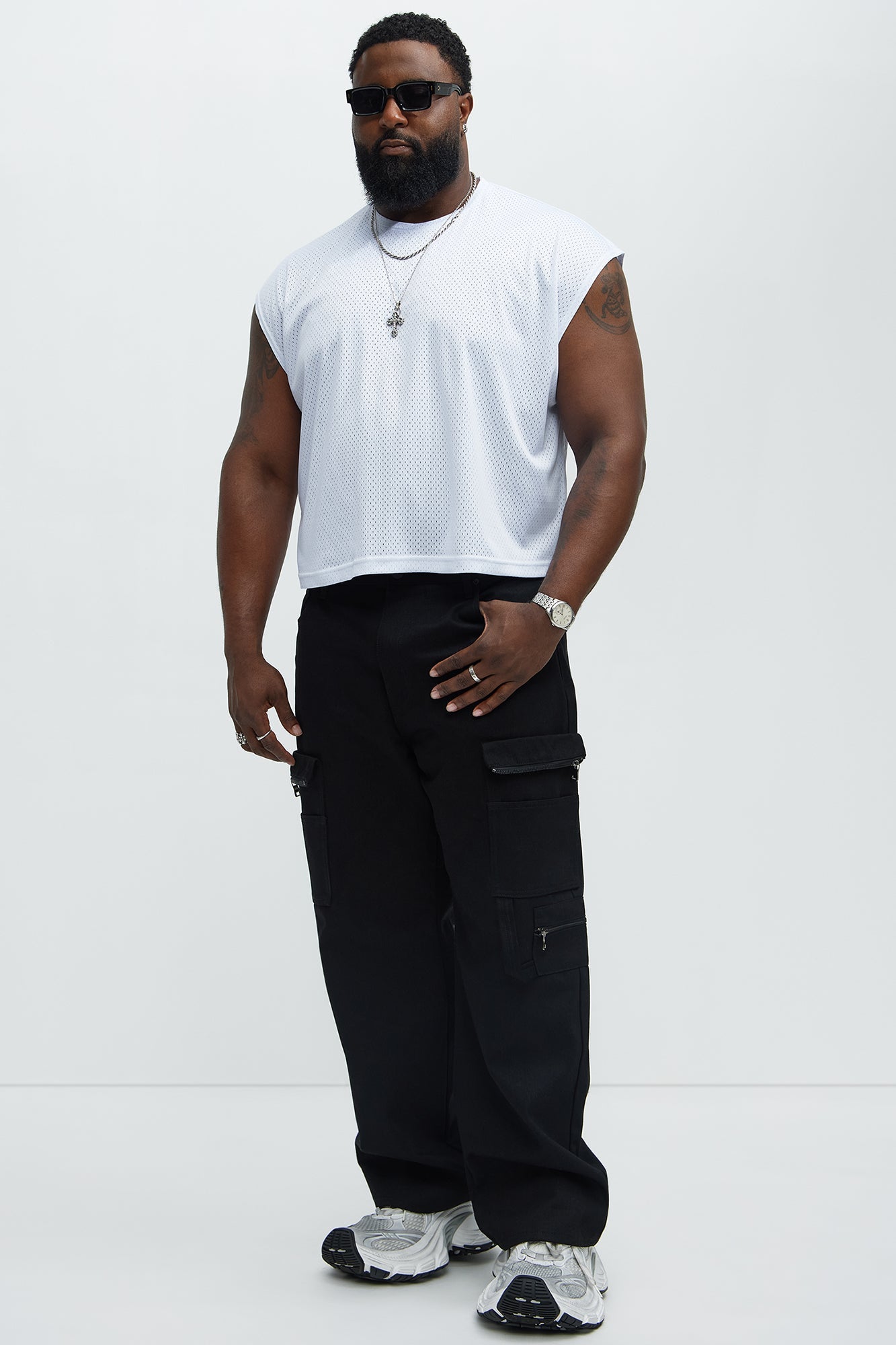 Boxy Mesh Sleeveless Muscle Tee - White