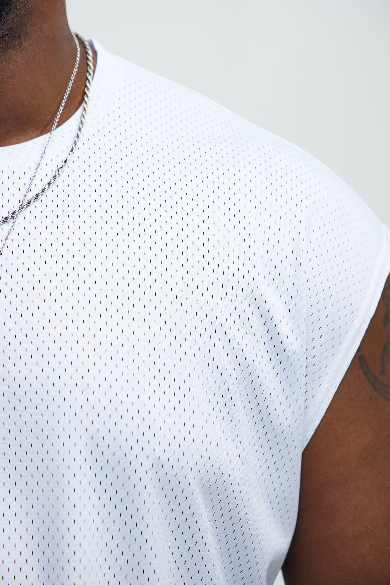 Boxy Mesh Sleeveless Muscle Tee - White