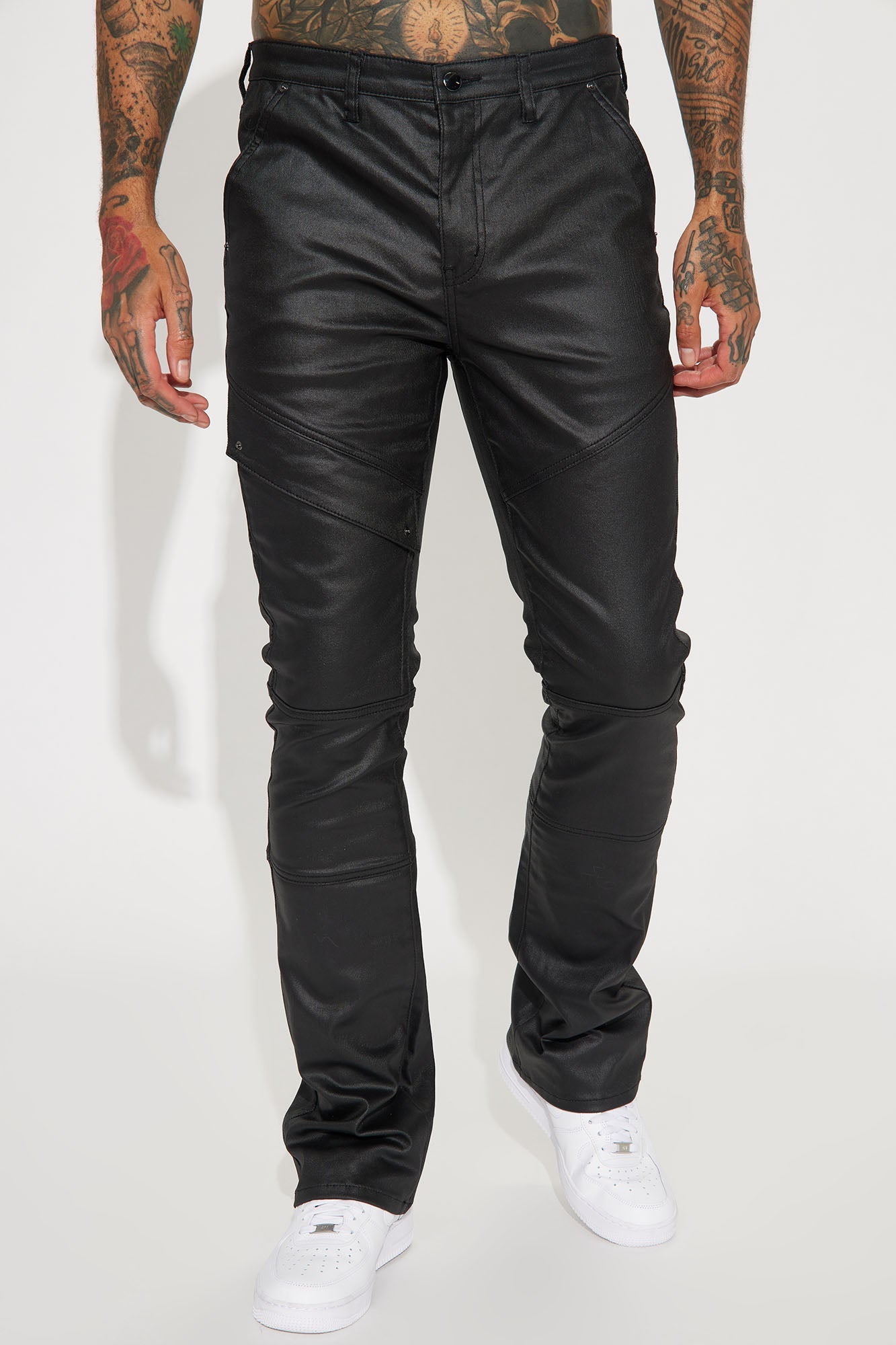 Beg For Me Coated Stacked Skinny Flare Pants - Black