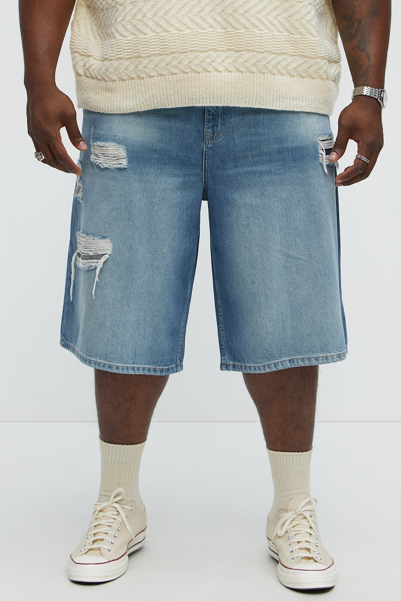 Say It Distressed Baggy Denim Shorts - Medium Blue Wash