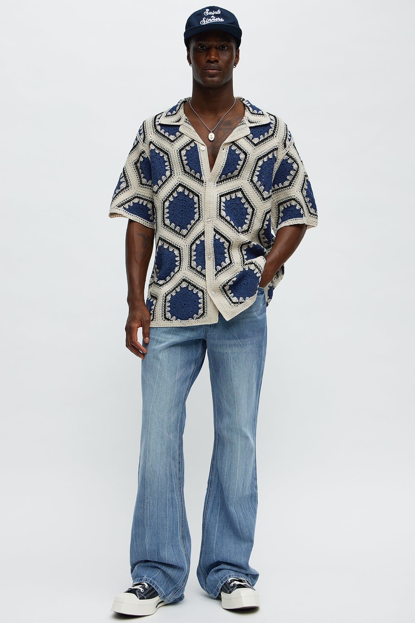 Vacay Vibes Crochet Button Up Shirt - Navy/combo