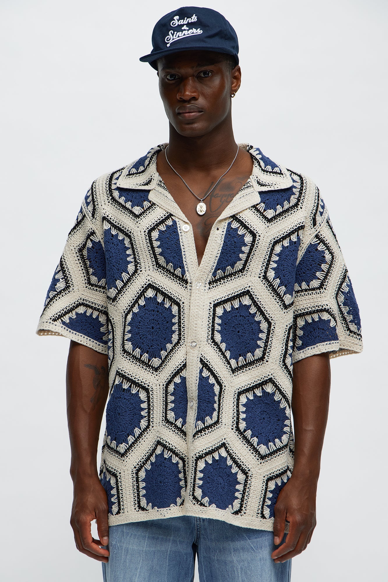 Vacay Vibes Crochet Button Up Shirt - Navy/combo