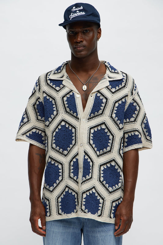Vacay Vibes Crochet Button Up Shirt - Navy/combo