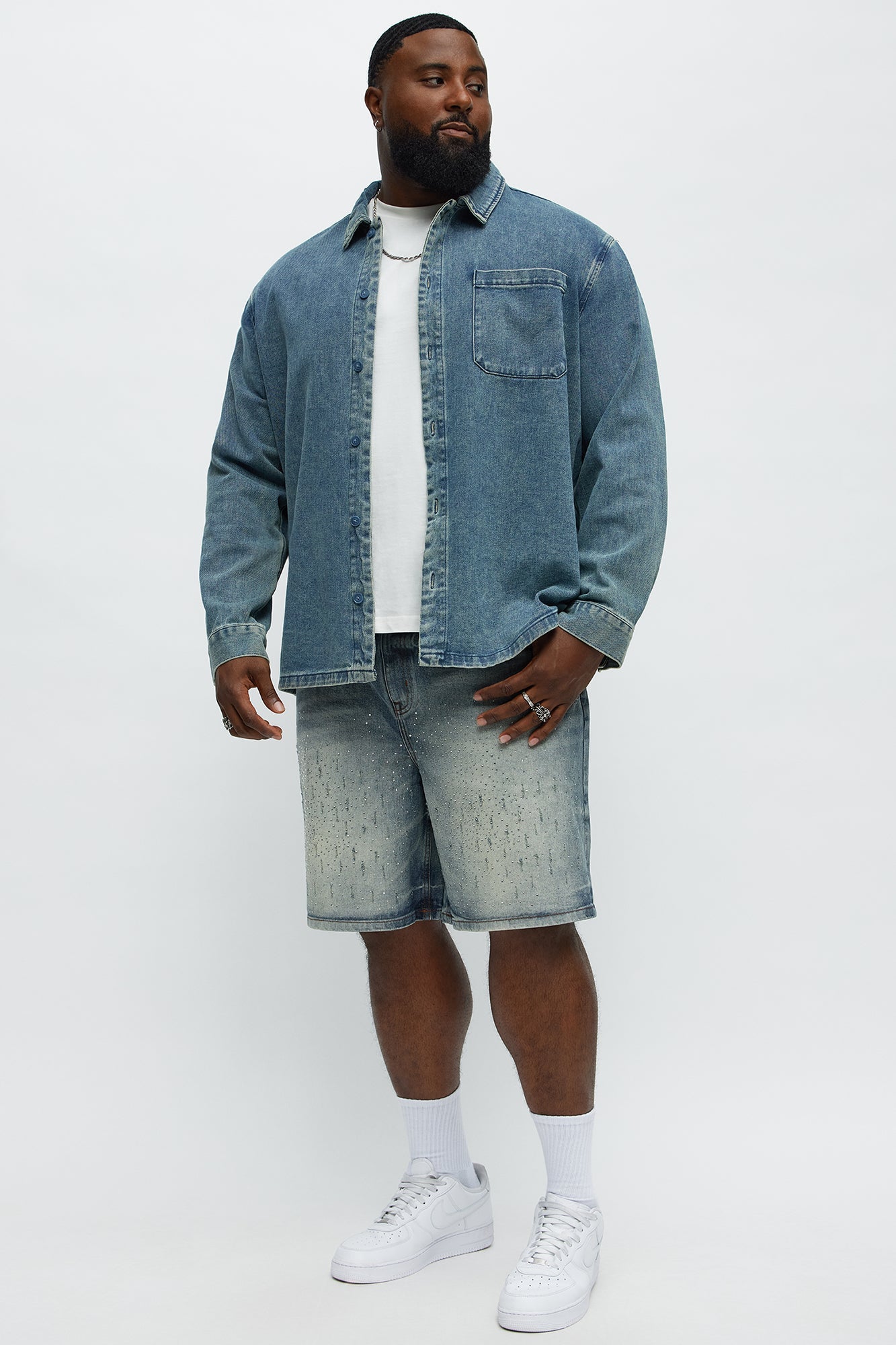 Young Star Jeweled Relaxed Denim Shorts - Medium Blue Wash
