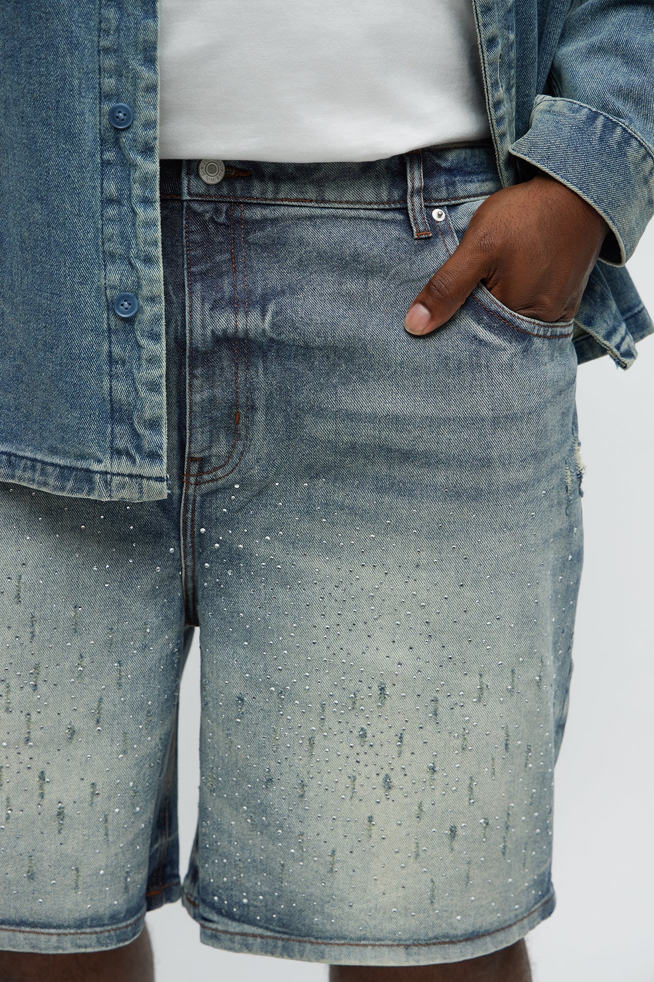 Young Star Jeweled Relaxed Denim Shorts - Medium Blue Wash