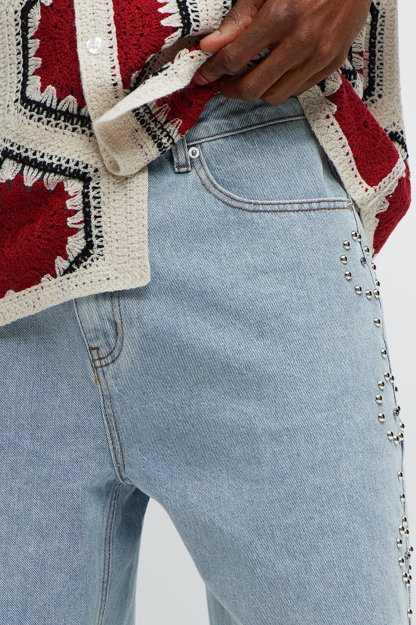 Relaxed Come In Clutch Studded Denim Shorts - Light Blue Wash