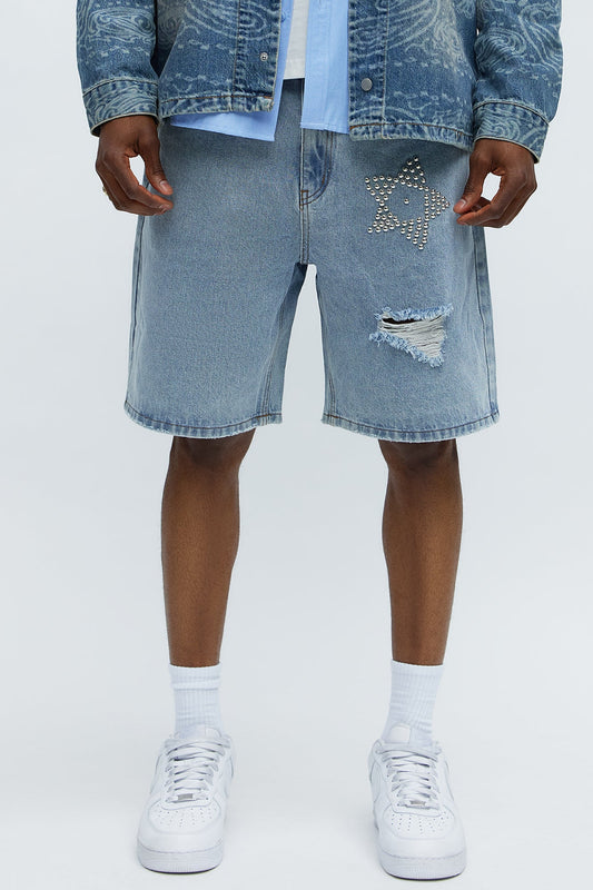 Relaxed Star Studded Denim Shorts - Light Blue Wash