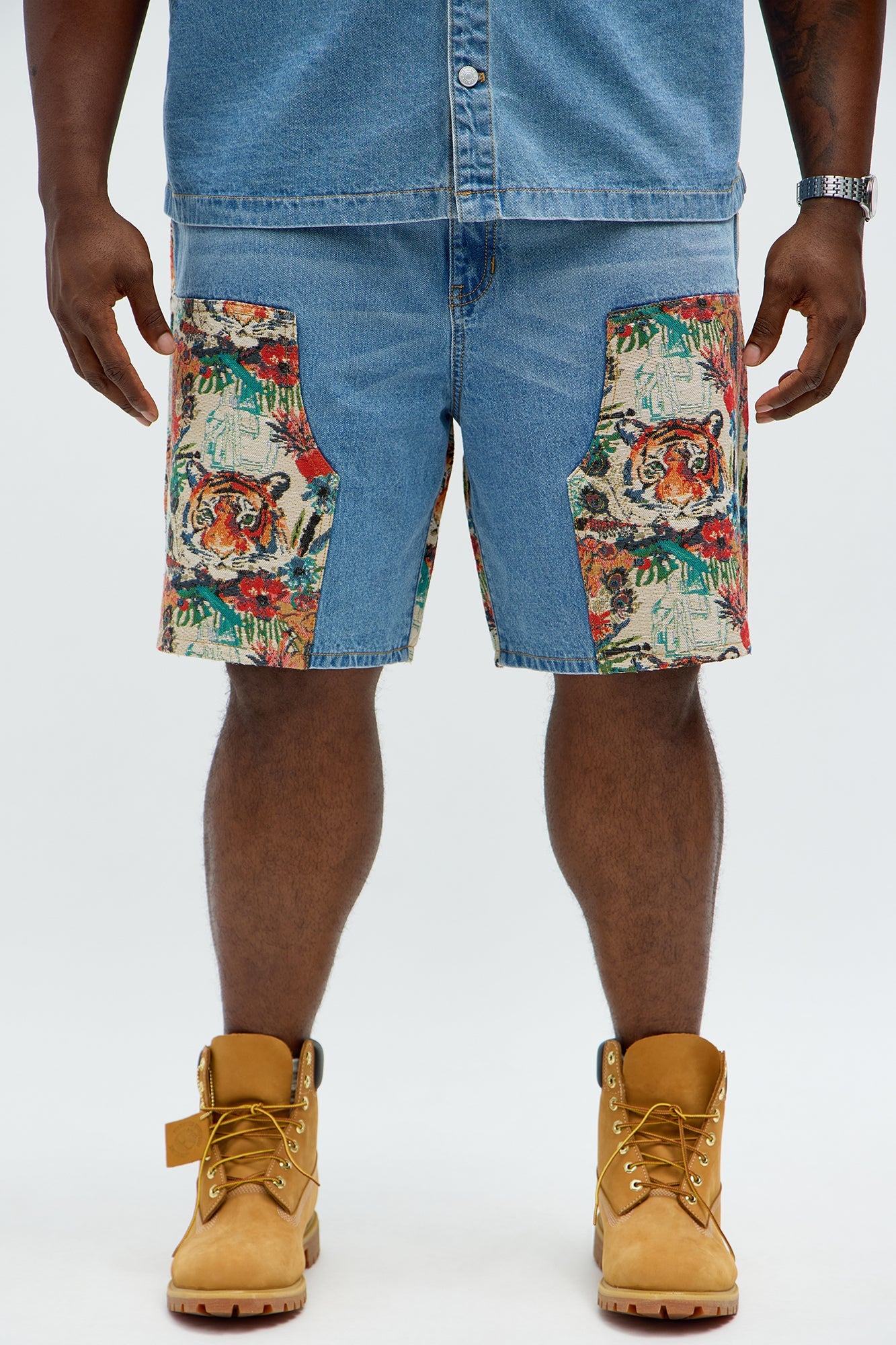Relaxed Ansel Tapestry Carpenter Denim Shorts - Blue/combo