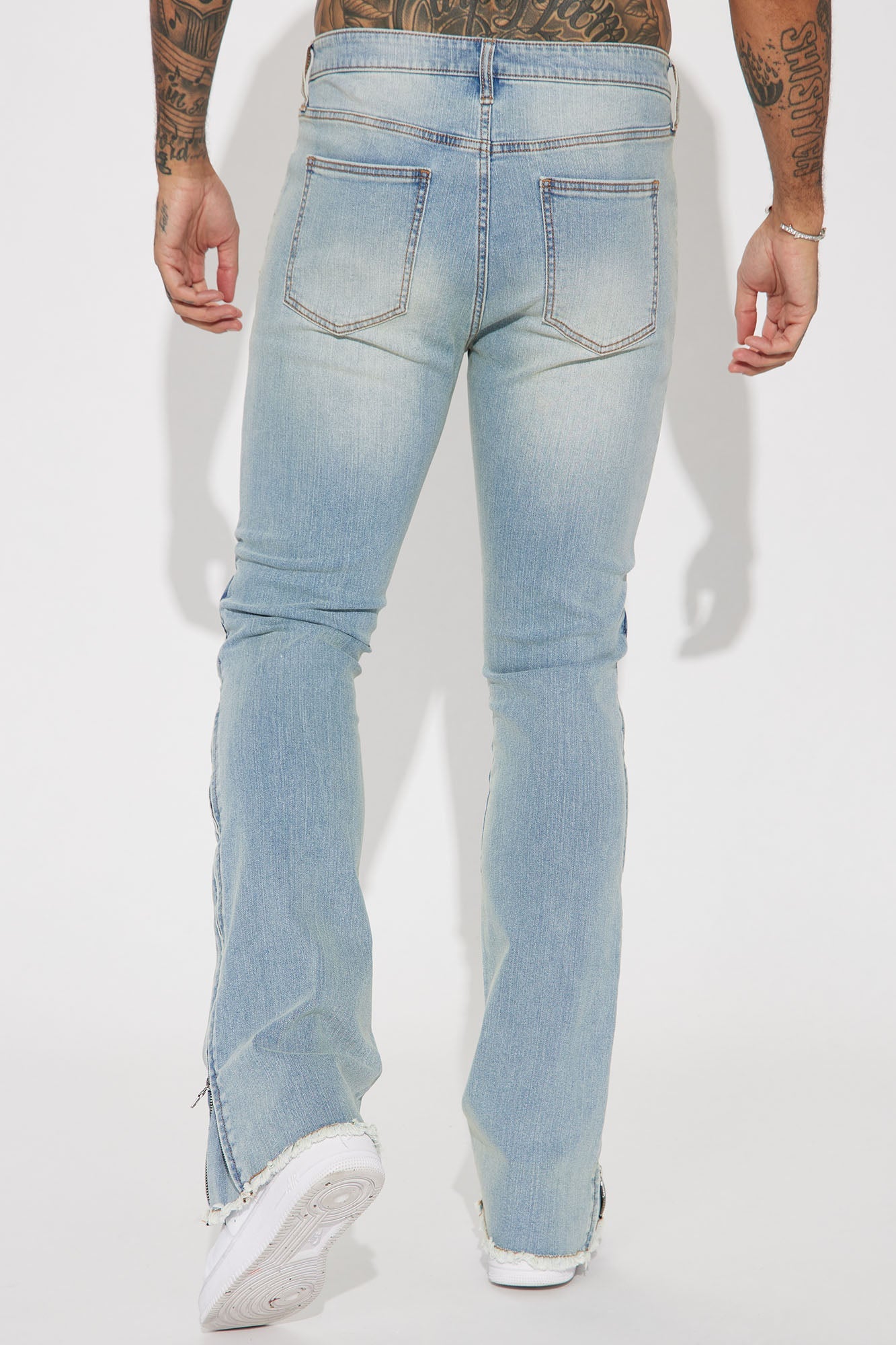 Along Side Zipper Stacked Skinny Flare Jeans - Light Blue Wash
