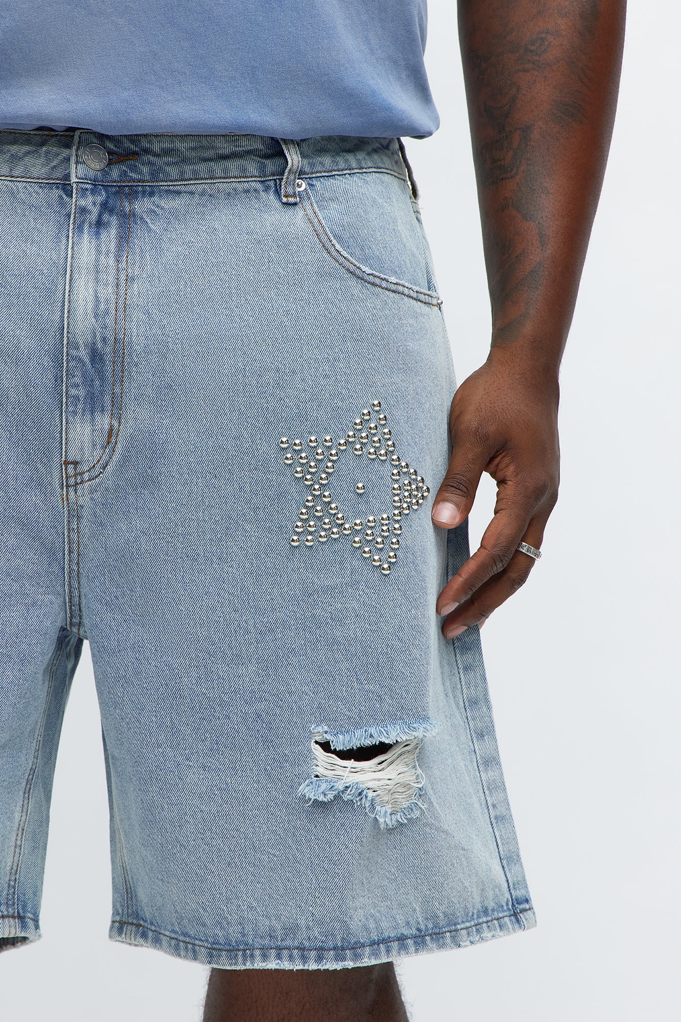 Relaxed Star Studded Denim Shorts - Light Blue Wash