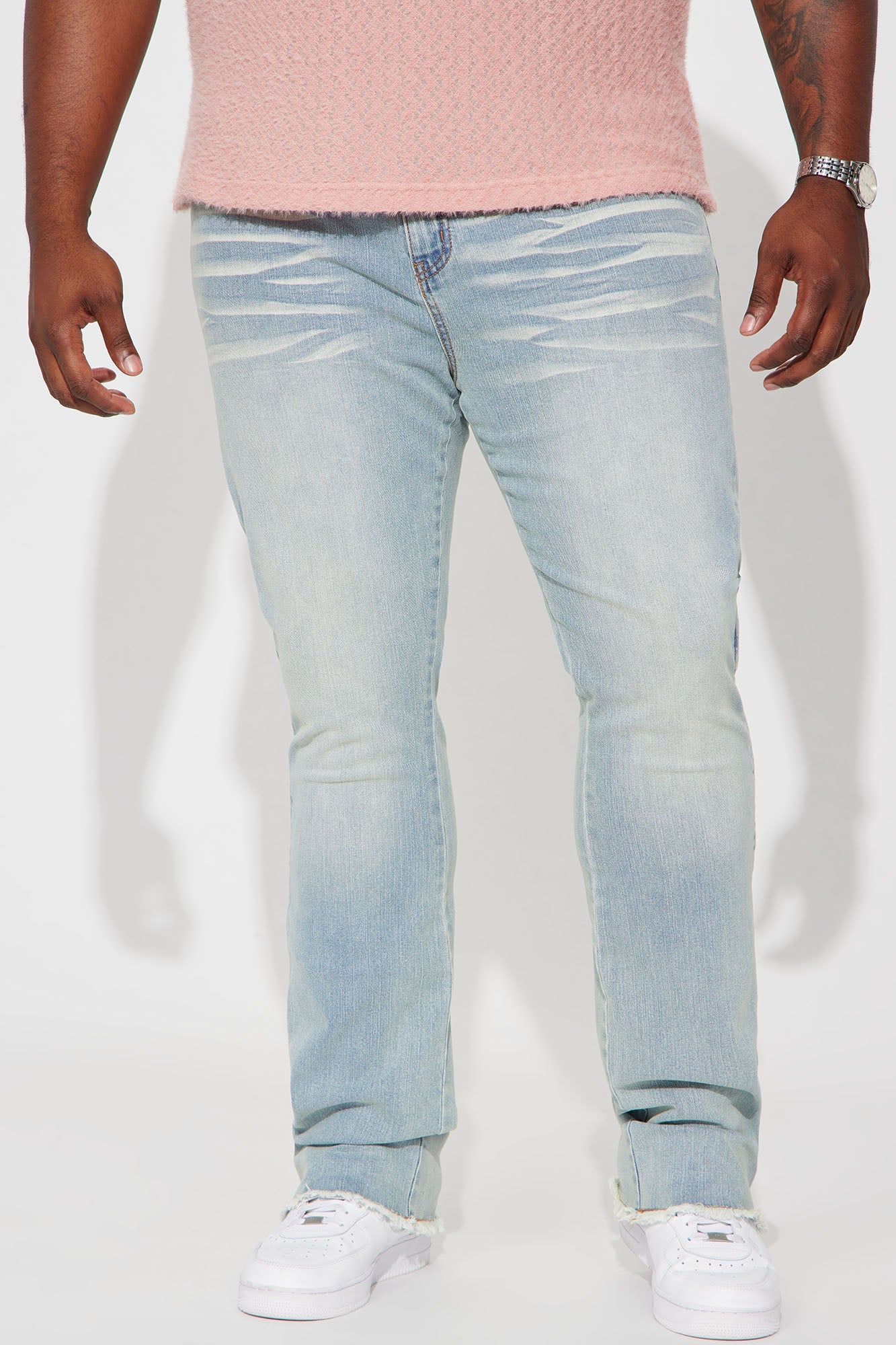 Along Side Zipper Stacked Skinny Flare Jeans - Light Blue Wash