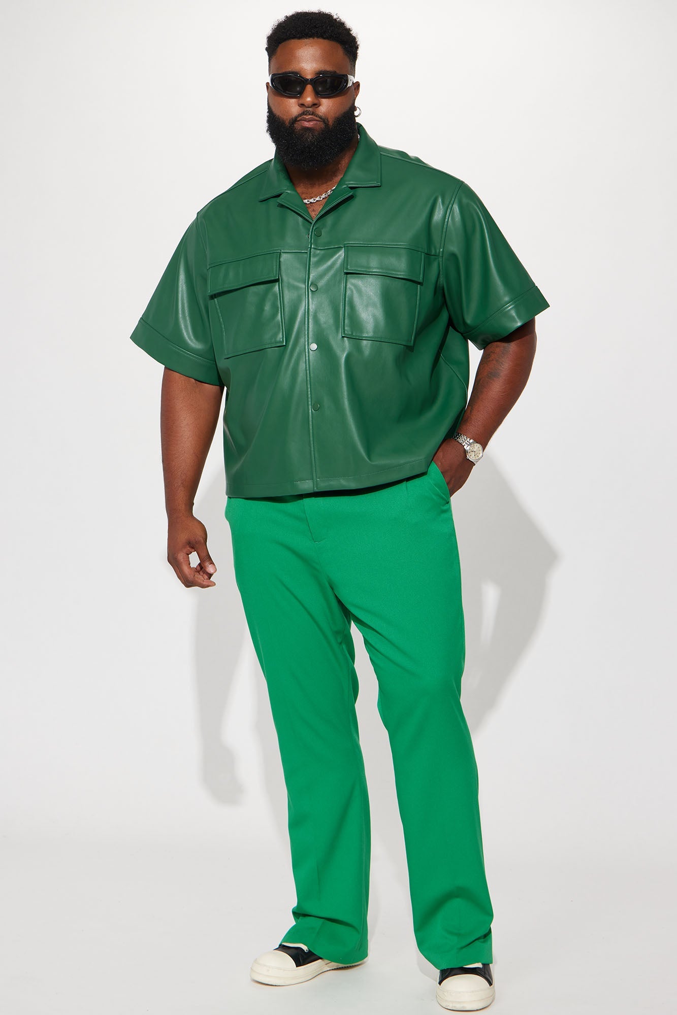 Cropped High Stepper Faux Leather Button Up Shirt - Hunter