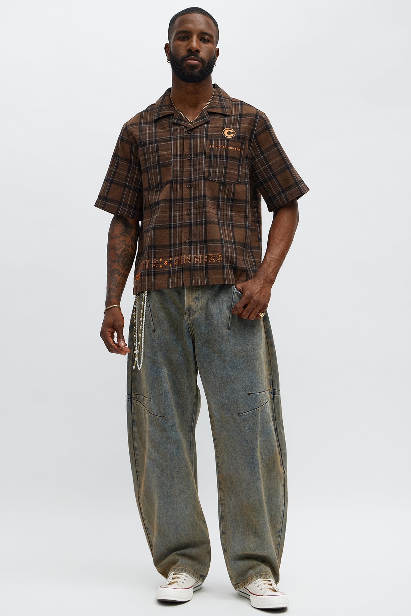 Culture Plaid Cropped Button Up Shirt - Brown