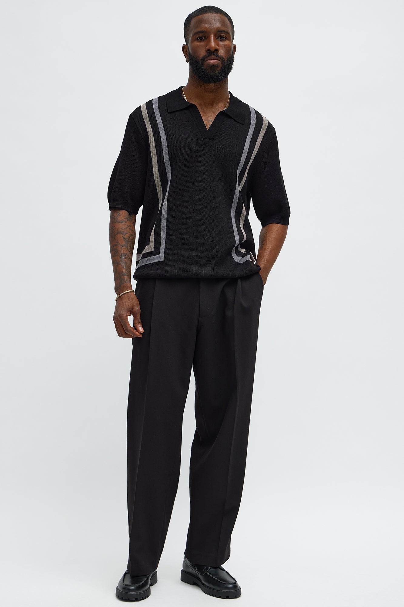 Seeing Lines Knit Johnny Collar Shirt - Black/combo