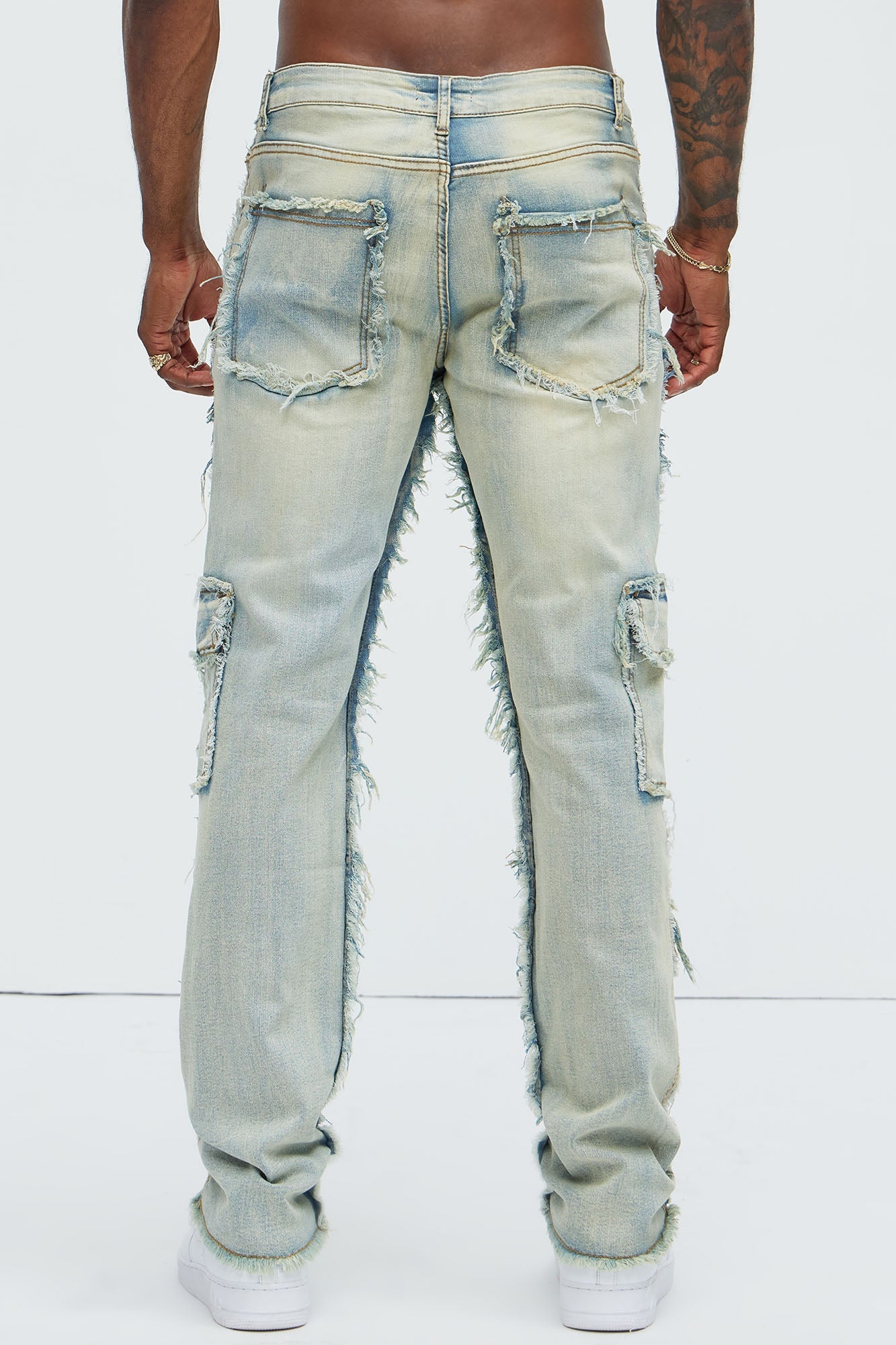 One Way Cargo Frayed Straight Jeans - Medium Wash