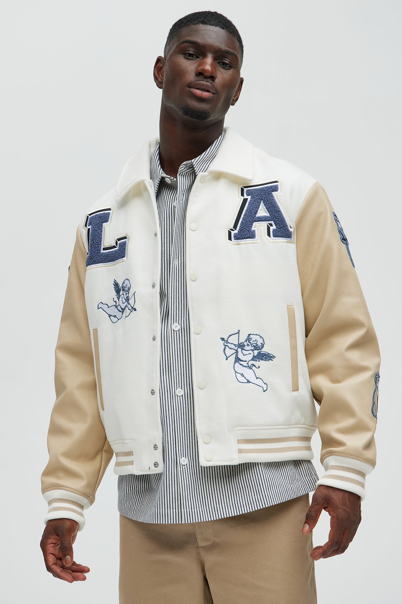 LA Patchwork Varsity Jacket - Cream/combo