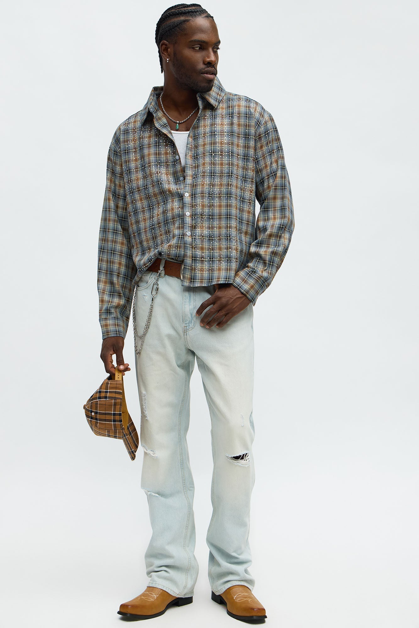 Cropped Starlit Rhinestone Plaid Flannel - Blue/combo