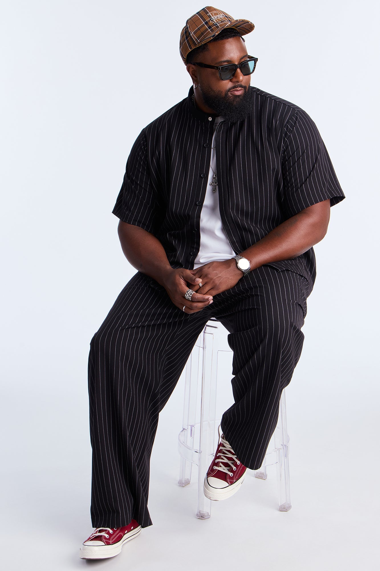 Straight Striped Mandarin Short Sleeve Shirt - Black