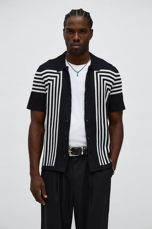 All Of The Lines Button Up Knit Polo Shirt - Black/combo
