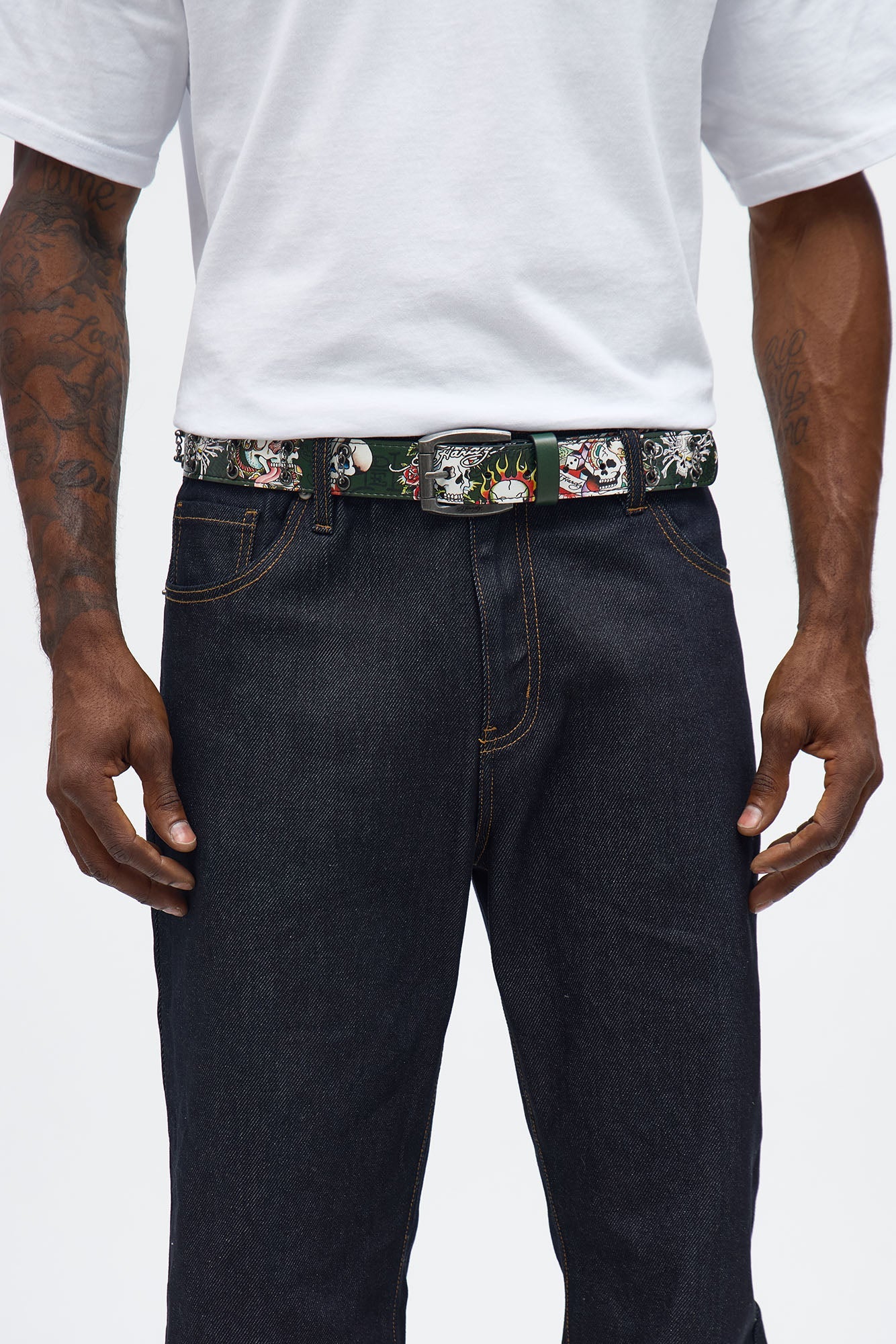 Ed Hardy Skull Tattoo Belt With Chains - Olive