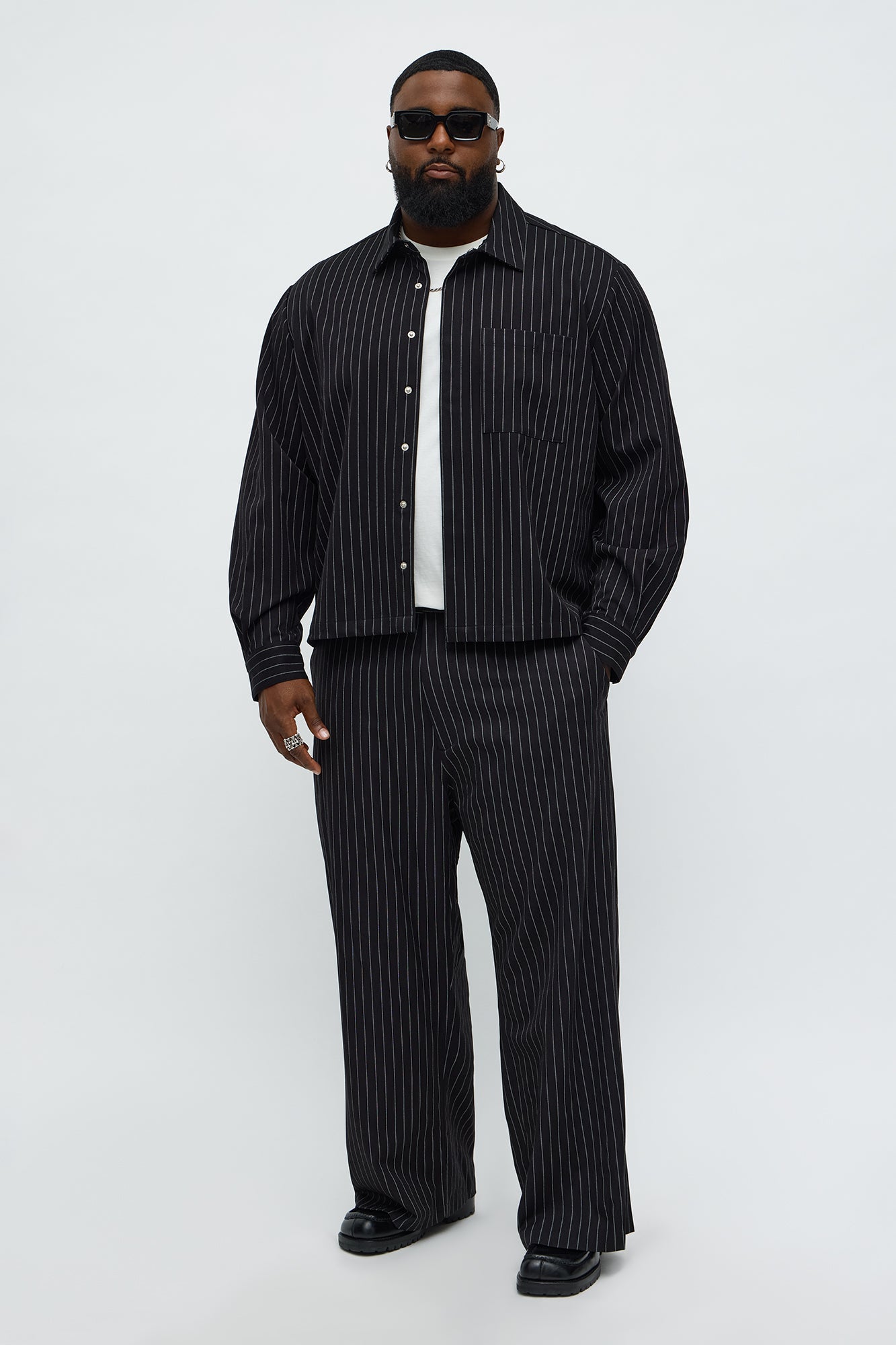 Cropped Striped Button Up Shirt - Black