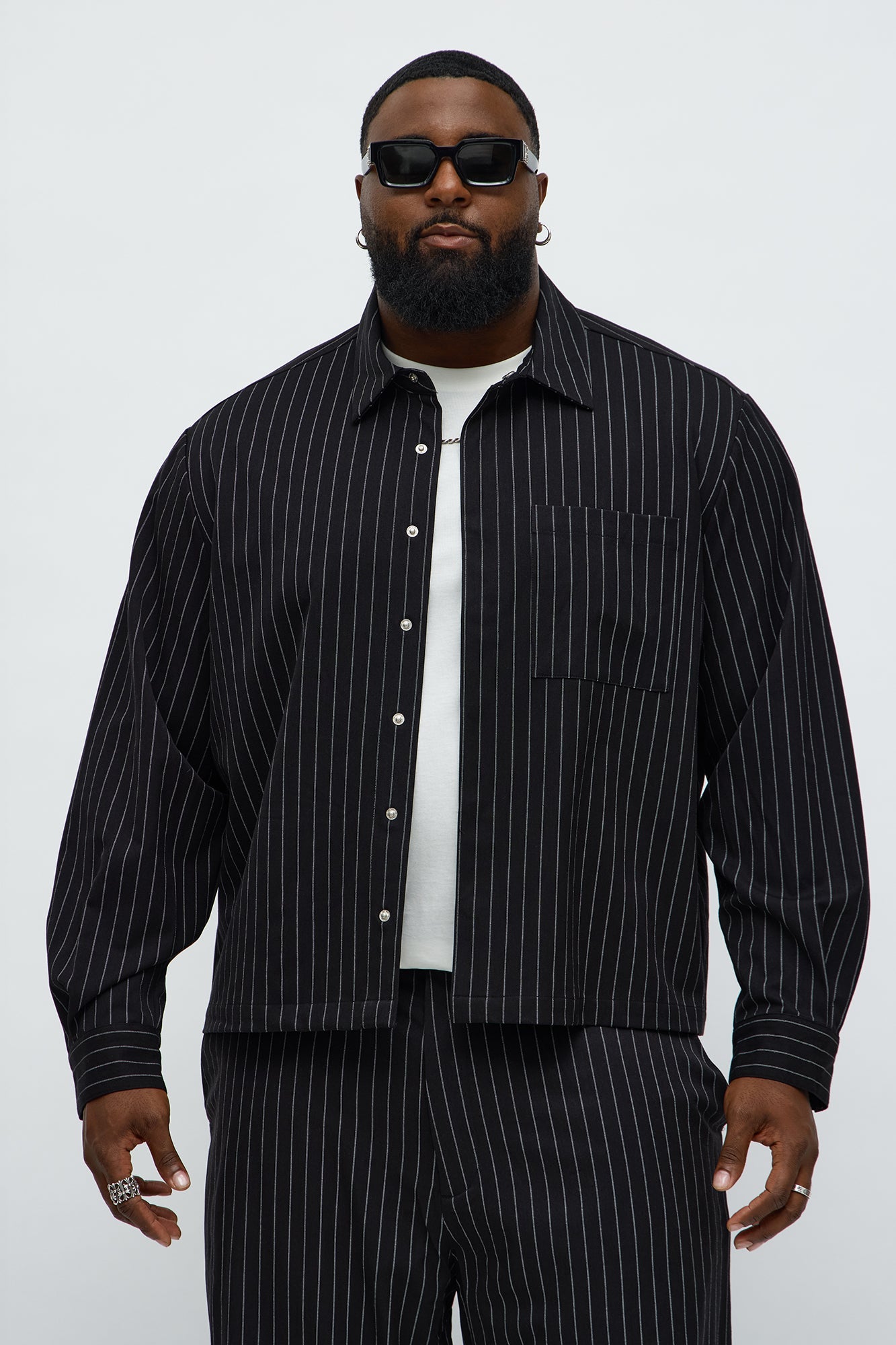 Cropped Striped Button Up Shirt - Black