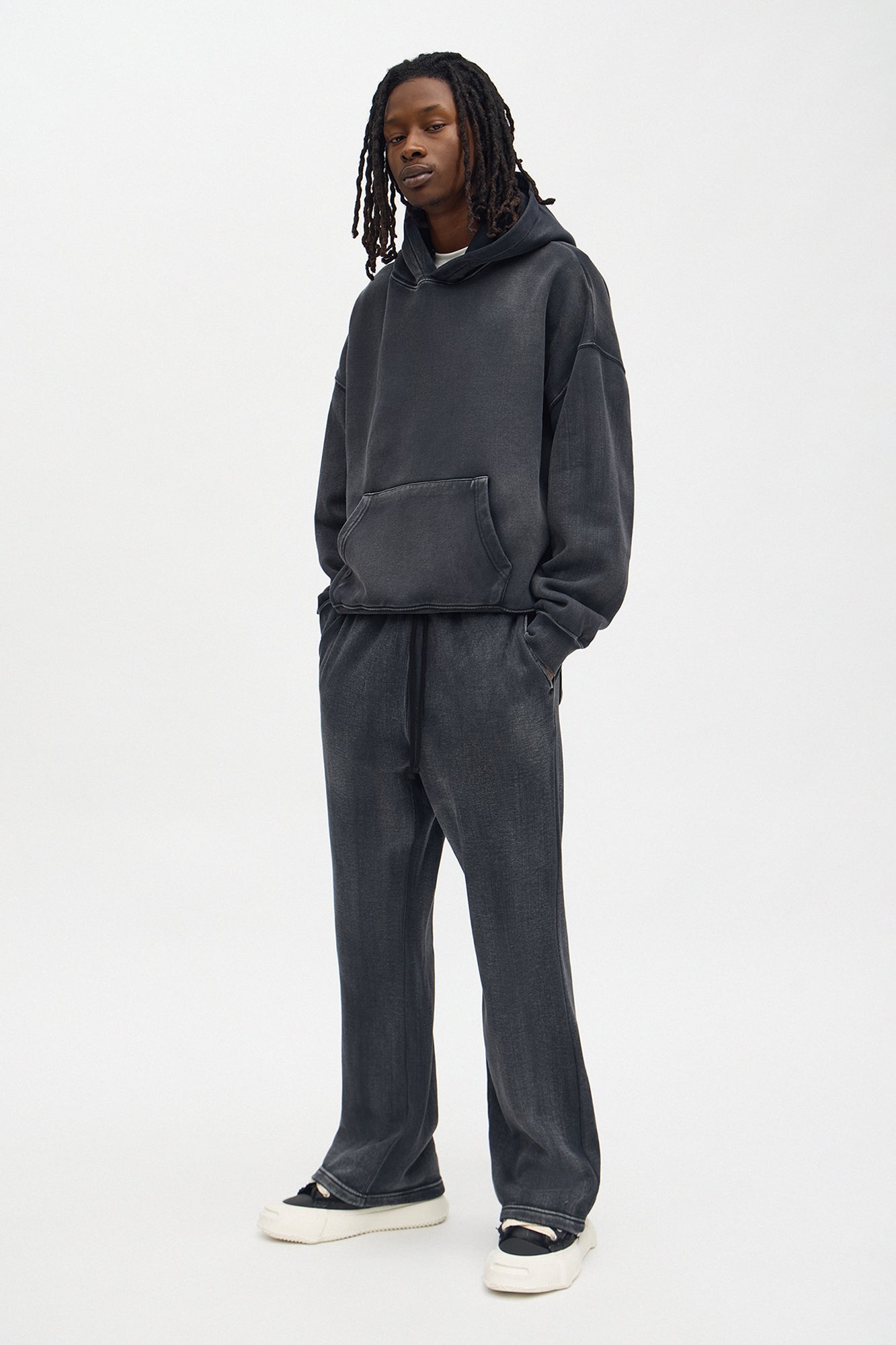 Acid Wash Heavyweight Slim Flare Sweatpants - Black