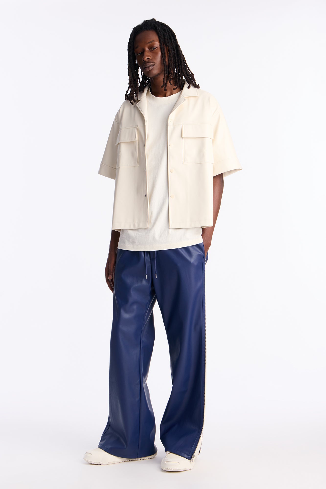 High Stepper Faux Leather Button Up Shirt - Off White