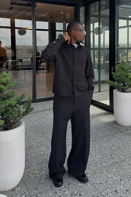 Wide Leg Straight Striped Trouser - Black
