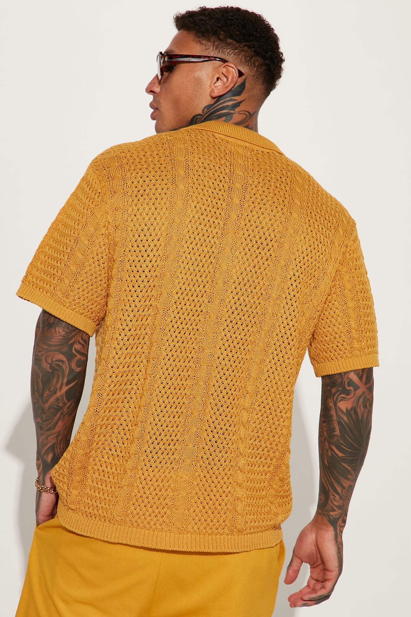 Unwind Cable Knit Short Sleeve Button Up - Mustard