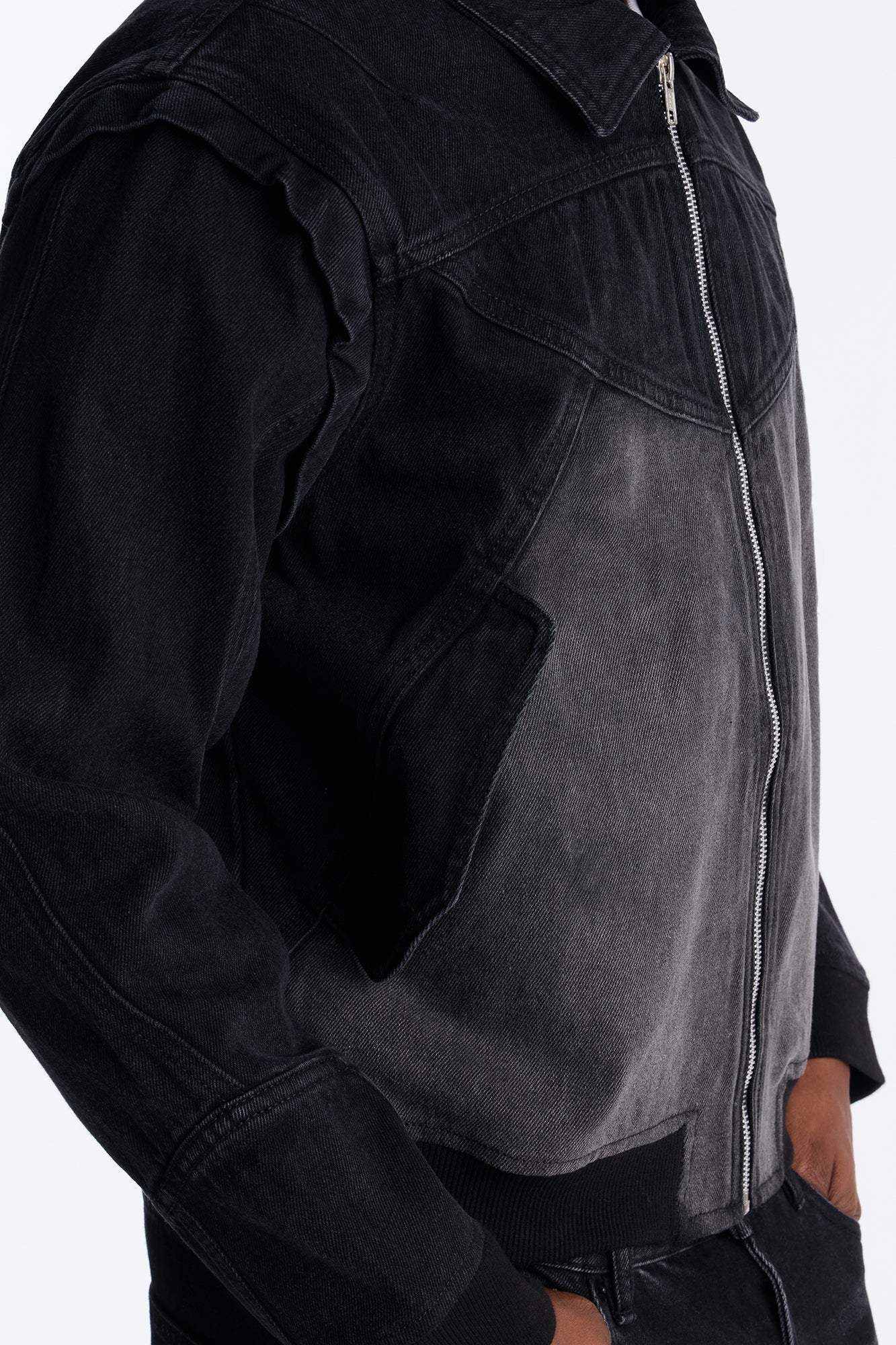 Paneled Denim Bomber Jacket - Black Wash