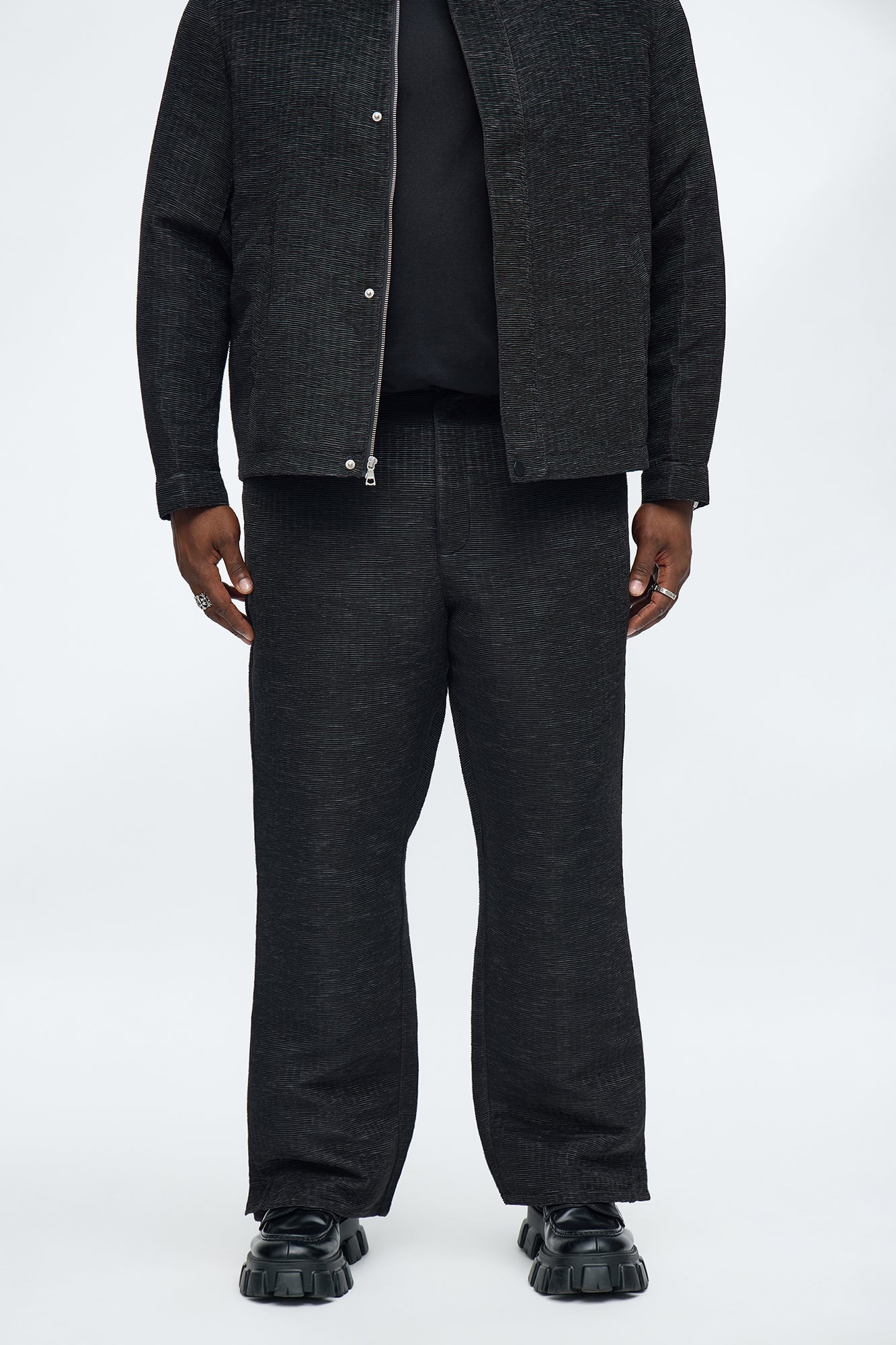Stacked Straight Flare Textured Michael Slit Pant - Black